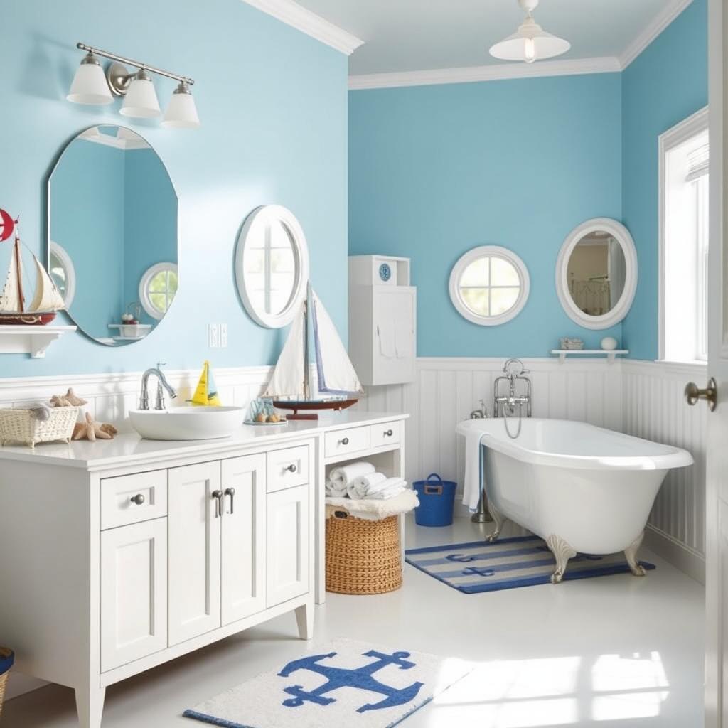 A brightly lit, cheerful nautical-themed kids bathroom with vibrant blue and white color palette. Foreground features a white vanity cabinet with a rounded basin sink, nautical accessories like seashells, starfish, and model sailboats on display. Middle ground showcases a white-tiled floor with a playful anchor or sailor-themed rug. Background shows blue and white striped wallpaper, along with portholes or porthole-shaped mirrors, and a clawfoot bathtub. Soft, natural lighting from overhead fixtures creates a warm, inviting atmosphere. The overall design conveys a sense of whimsical, ocean-inspired coziness perfect for a child's bathroom. A brightly lit, cheerful nautical-themed kids bathroom with vibrant blue and white color palette. Foreground features a white vanity cabinet with a rounded basin sink, nautical accessories like seashells, starfish, and model sailboats on display. Middle ground showcases a white-tiled floor with a playful anchor or sailor-themed rug. Background shows blue and white striped wallpaper, along with portholes or porthole-shaped mirrors, and a clawfoot bathtub. Soft, natural lighting from overhead fixtures creates a warm, inviting atmosphere. The overall design conveys a sense of whimsical, ocean-inspired coziness perfect for a child's bathroom.