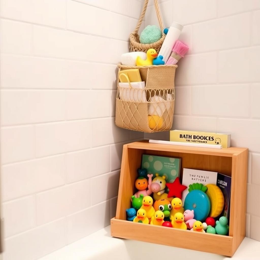 A cozy bathroom corner showcasing a well-organized bath toy storage solution. In the foreground, a wooden crate or shelf displays an array of colorful rubber duckies, squeaky toys, and bath books in a visually appealing arrangement. The middle ground features a stylish woven basket or hanging organizer filled with sponges, scrubbers, and other bath accessories. In the background, a clean, minimalist tiled wall provides a simple yet elegant backdrop, with soft, diffused lighting illuminating the space. The overall atmosphere conveys a sense of order, functionality, and playfulness, perfectly suited for the "Creative DIY Bathroom Toy Storage Ideas" section of the article. A cozy bathroom corner showcasing a well-organized bath toy storage solution. In the foreground, a wooden crate or shelf displays an array of colorful rubber duckies, squeaky toys, and bath books in a visually appealing arrangement. The middle ground features a stylish woven basket or hanging organizer filled with sponges, scrubbers, and other bath accessories. In the background, a clean, minimalist tiled wall provides a simple yet elegant backdrop, with soft, diffused lighting illuminating the space. The overall atmosphere conveys a sense of order, functionality, and playfulness, perfectly suited for the "Creative DIY Bathroom Toy Storage Ideas" section of the article.