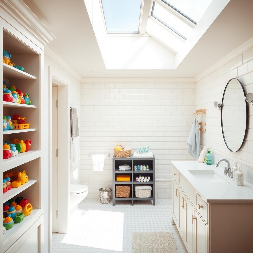A cozy, sun-lit bathroom with ample storage solutions for bath toys and toiletries. In the foreground, a built-in shelving unit displays colorful bath toys, neatly organized. The middle ground features a large vanity with ample counter space, hosting a variety of children's toiletries and grooming essentials. The background showcases a classic subway tile wall, enhancing the bright, airy atmosphere. Soft, diffused lighting from a skylight above creates a warm, inviting ambiance, highlighting the orderly, tranquil nature of the space. The overall scene conveys a sense of calm and relaxation, perfect for a stress-free bath time routine. A cozy, sun-lit bathroom with ample storage solutions for bath toys and toiletries. In the foreground, a built-in shelving unit displays colorful bath toys, neatly organized. The middle ground features a large vanity with ample counter space, hosting a variety of children's toiletries and grooming essentials. The background showcases a classic subway tile wall, enhancing the bright, airy atmosphere. Soft, diffused lighting from a skylight above creates a warm, inviting ambiance, highlighting the orderly, tranquil nature of the space. The overall scene conveys a sense of calm and relaxation, perfect for a stress-free bath time routine.