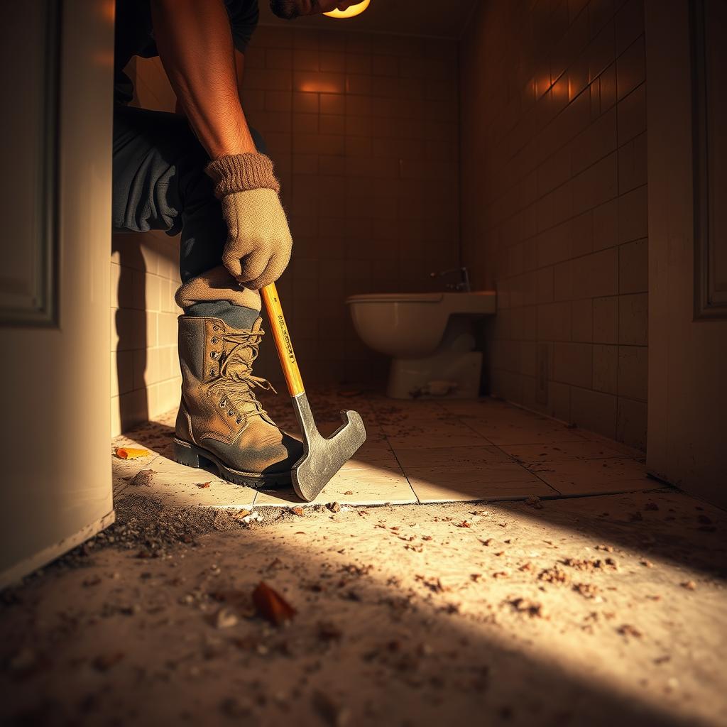 A dimly lit bathroom interior, the old flooring clearly visible. A person in work boots and gloves crouches down, prying up a section of the worn and damaged tile with a crowbar. Debris and fragments litter the floor around them, as they carefully lift and remove the existing flooring. Warm, soft lighting from a single overhead fixture casts dramatic shadows, creating a sense of focus and intensity. The exposed subfloor is rough and uneven, ready to be prepared for the installation of new bathroom flooring. A dimly lit bathroom interior, the old flooring clearly visible. A person in work boots and gloves crouches down, prying up a section of the worn and damaged tile with a crowbar. Debris and fragments litter the floor around them, as they carefully lift and remove the existing flooring. Warm, soft lighting from a single overhead fixture casts dramatic shadows, creating a sense of focus and intensity. The exposed subfloor is rough and uneven, ready to be prepared for the installation of new bathroom flooring.