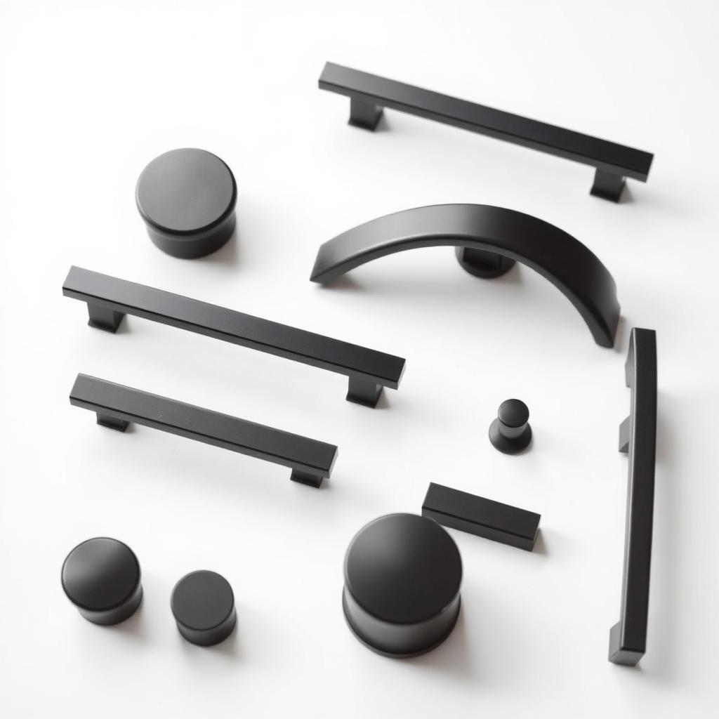 A minimalist arrangement of sleek, modern cabinet hardware presented against a clean, white background. The hardware pieces, such as handles and knobs, are rendered in a matte black finish, showcasing their simple, streamlined design. The lighting is soft and diffused, highlighting the hardware's smooth, reflective surfaces and casting subtle shadows that accentuate their form. The composition is balanced and symmetrical, with the hardware items neatly organized to create a visually appealing and cohesive display. The overall mood is one of refined elegance and understated sophistication, perfectly suited to illustrate the "Selecting the Right Cabinet Hardware for a Minimal Look" section of the article.