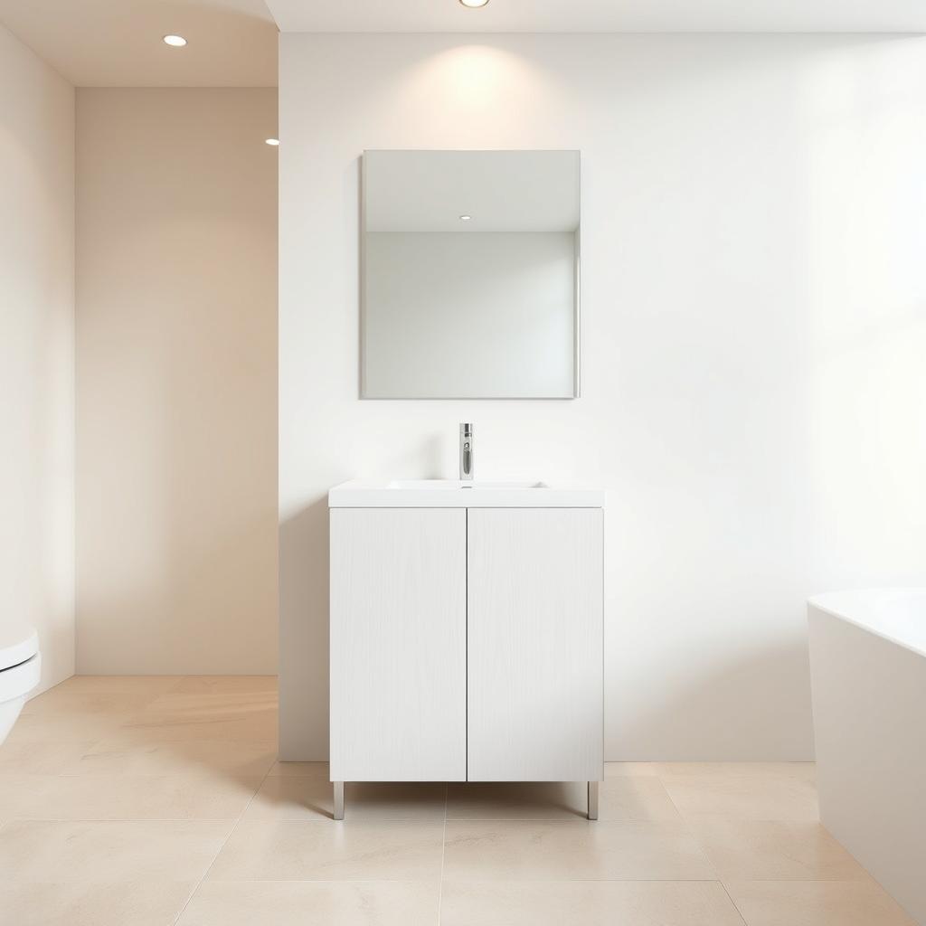 A minimalist bathroom with clean, sleek lines and a bright, airy atmosphere. A freestanding cabinet with subtle wood grain texture stands as the focal point, its simple silhouette and soft white finish complementing the neutral tile floor and walls. Recessed lighting casts a warm, diffuse glow, creating an inviting, spa-like ambiance. Sleek, chrome fixtures and a frameless mirror above the cabinet add to the contemporary aesthetic. The overall impression is one of calm, uncluttered sophistication - a space that is both functional and visually pleasing.