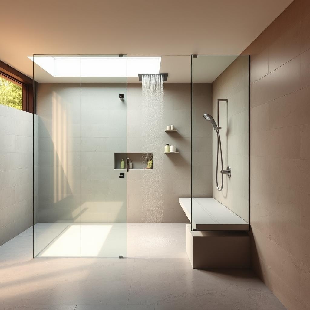 A modern, airy walk-in wet room with a large rainfall shower head and sleek, minimalist tile walls. The room is bathed in warm, natural light from a skylight overhead, casting a soft glow on the polished concrete floor and modern fixtures. A frameless glass enclosure creates a seamless, spacious feel, while a built-in bench provides a place to sit and relax. The overall atmosphere evokes a tranquil, spa-like experience, perfect for a luxurious bathroom retreat.