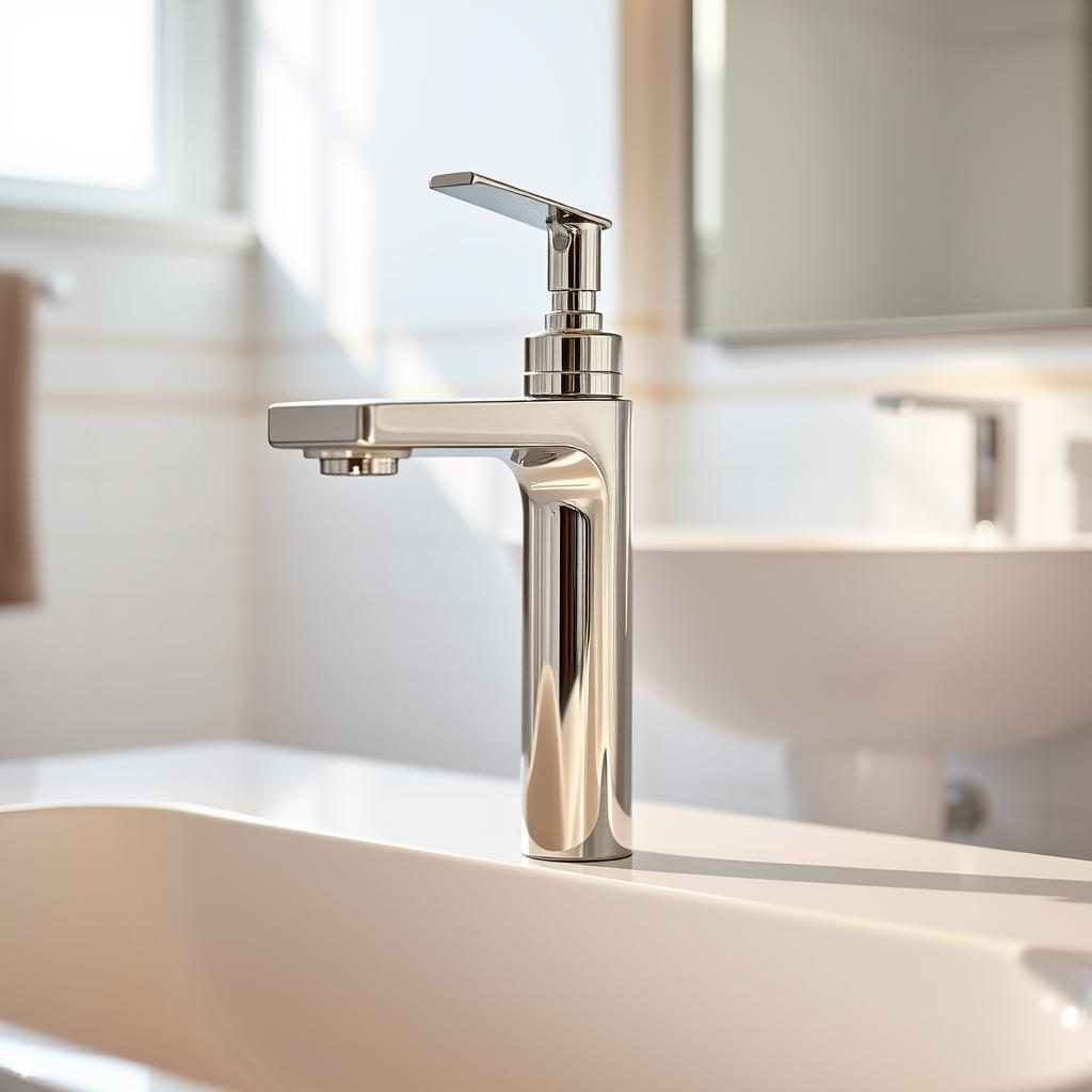 A modern, sleek bathroom sink faucet made of shiny chrome metal, with a tall spout and clean, minimalist design. The faucet is set against a backdrop of a bright, well-lit bathroom with white tiles, a porcelain sink basin, and a subtle pattern on the wall. The lighting is warm and natural, casting a soft glow on the faucet and creating reflections on the shiny surface. The overall mood is one of luxury, sophistication, and a heightened bathroom experience. A modern, sleek bathroom sink faucet made of shiny chrome metal, with a tall spout and clean, minimalist design. The faucet is set against a backdrop of a bright, well-lit bathroom with white tiles, a porcelain sink basin, and a subtle pattern on the wall. The lighting is warm and natural, casting a soft glow on the faucet and creating reflections on the shiny surface. The overall mood is one of luxury, sophistication, and a heightened bathroom experience.