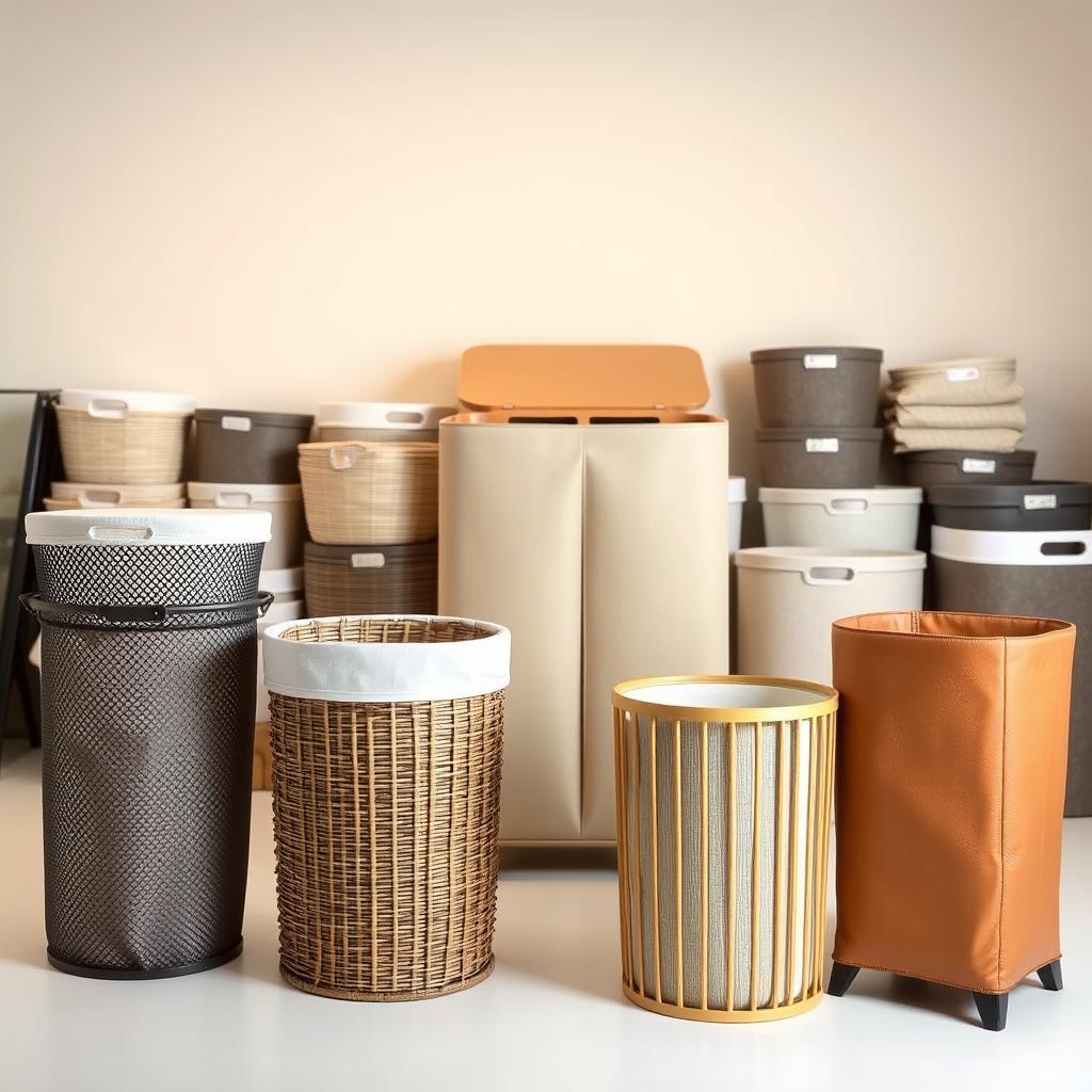 A neatly organized collection of diverse bathroom laundry hampers in a well-lit studio setting. A stackable mesh hamper, a wicker hamper with a lid, a sleek bamboo hamper, and a modern leatherette hamper stand in the foreground, showcasing their unique textures and designs. The middle ground features a large double-compartment hamper in a neutral tone, while the background displays a selection of hampers in varying shapes, materials, and colors, creating a cohesive and visually appealing display. The lighting is soft and warm, accentuating the natural tones and highlighting the practical and stylish nature of these essential bathroom storage solutions.