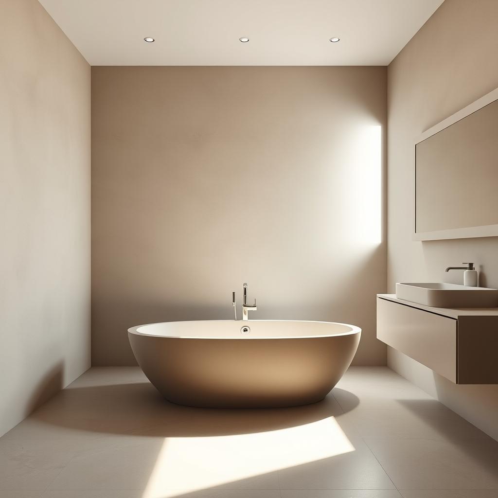 A serene minimalist bathroom, illuminated by soft, natural lighting filtering through a large window. The focal point is a sleek, freestanding bathtub made of smooth, polished concrete, its clean lines and neutral tones embodying the essence of modern minimalism. Surrounding the tub, the walls are clad in matte, textured tiles in a soothing, earthy palette, creating a calming, spa-like ambiance. A simple, minimalist vanity unit and a large, frameless mirror complete the minimalist aesthetic, showcasing the importance of texture and material selection in crafting a truly harmonious, modern bathroom space.