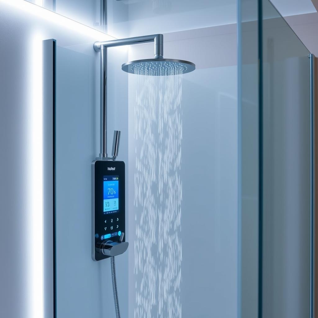 A sleek, modern smart shower system with a seamless glass enclosure, adjustable showerhead, and intuitive digital controls. The system is backlit with soft ambient lighting, creating a serene, spa-like atmosphere. The layout features a minimalist, high-tech design, with clean lines and a gleaming chrome finish. The showerhead is suspended from a sleek, adjustable arm, allowing for personalized water flow and coverage. The digital interface is integrated into the shower wall, displaying water temperature, pressure, and customizable settings controlled through a mobile app. The overall scene conveys a sense of advanced technology, luxury, and effortless control over the shower experience.