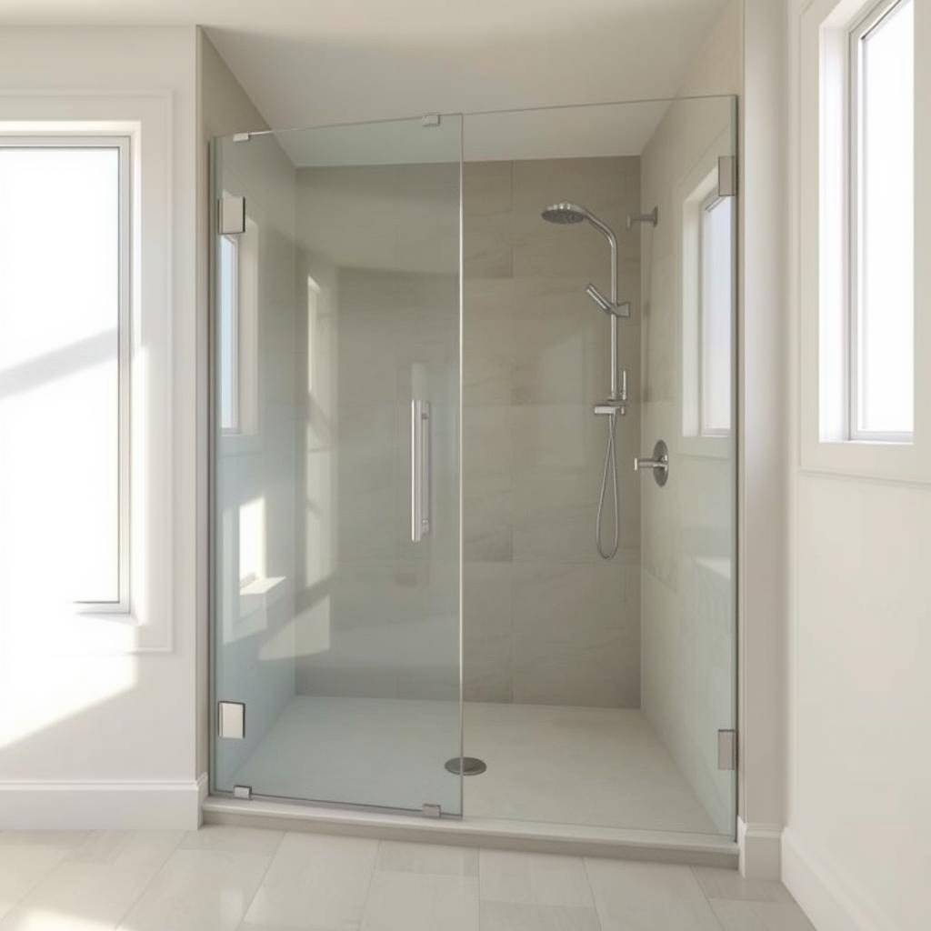 A sleek, modern zero-threshold shower enclosure with a seamless, flush transition from the bathroom floor. Bright natural light streams in through a large window, casting a warm glow over the minimalist tile and fixtures. The shower features a frameless glass panel, a rainfall showerhead, and a subtle linear drain discreetly integrated into the floor. The space exudes a sense of effortless accessibility and elevated design, perfectly suited for a relaxing and accessible bathing experience. A sleek, modern zero-threshold shower enclosure with a seamless, flush transition from the bathroom floor. Bright natural light streams in through a large window, casting a warm glow over the minimalist tile and fixtures. The shower features a frameless glass panel, a rainfall showerhead, and a subtle linear drain discreetly integrated into the floor. The space exudes a sense of effortless accessibility and elevated design, perfectly suited for a relaxing and accessible bathing experience.