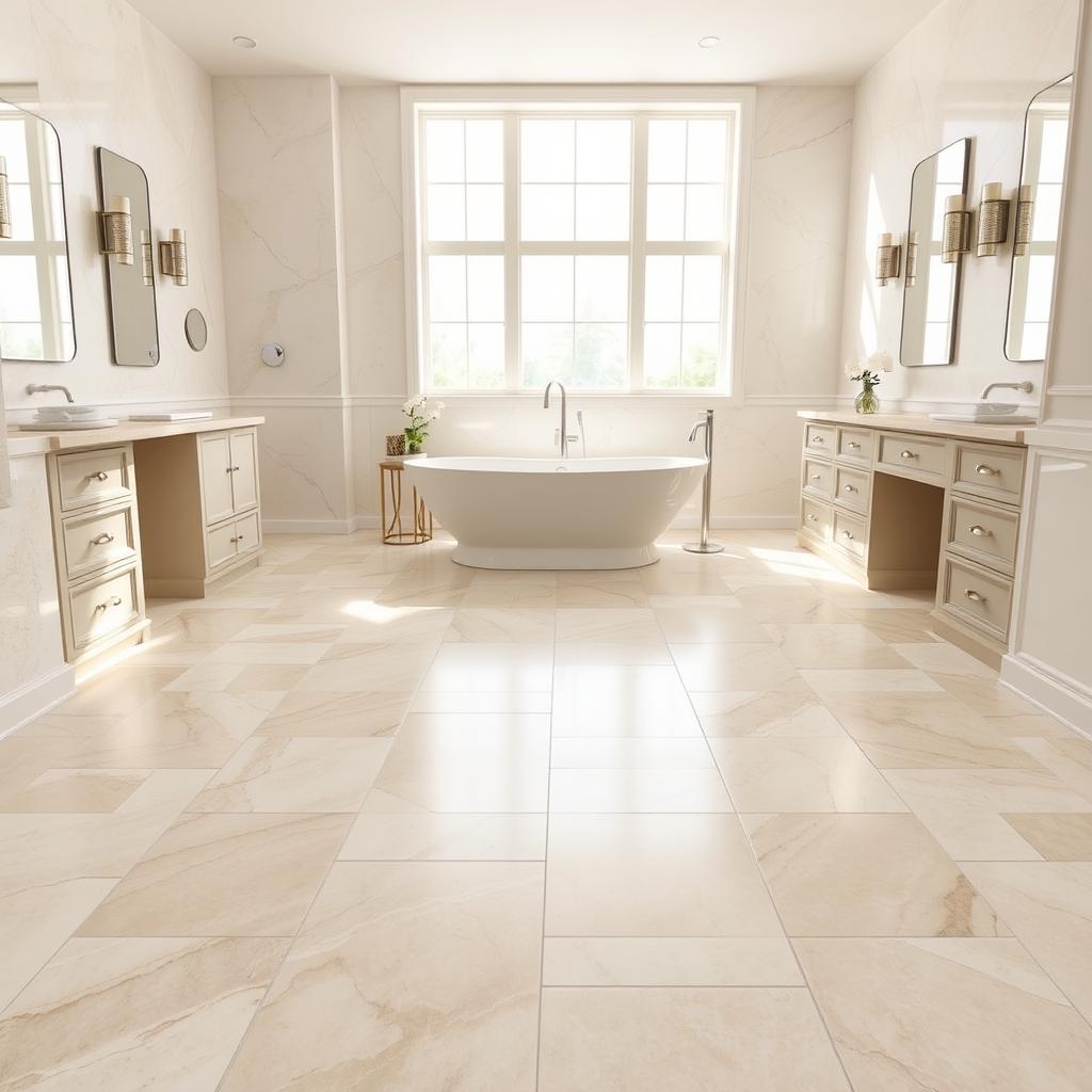 A spacious, well-lit bathroom with a marble tile installation taking center stage. Smooth, elegant tiles in a neutral, warm-toned hue cover the floor, creating a seamless, high-end aesthetic. The tiles are meticulously laid in a classic staggered pattern, with precisely cut edges and perfectly aligned grout lines. Bright, natural light streams in through large windows, casting a soft, even glow across the tiles and accentuating their natural veining and subtle variations. The overall scene conveys a sense of luxury, sophistication, and attention to detail - qualities that would be well-suited for an article on the best marble bathroom flooring styles. A spacious, well-lit bathroom with a marble tile installation taking center stage. Smooth, elegant tiles in a neutral, warm-toned hue cover the floor, creating a seamless, high-end aesthetic. The tiles are meticulously laid in a classic staggered pattern, with precisely cut edges and perfectly aligned grout lines. Bright, natural light streams in through large windows, casting a soft, even glow across the tiles and accentuating their natural veining and subtle variations. The overall scene conveys a sense of luxury, sophistication, and attention to detail - qualities that would be well-suited for an article on the best marble bathroom flooring styles.