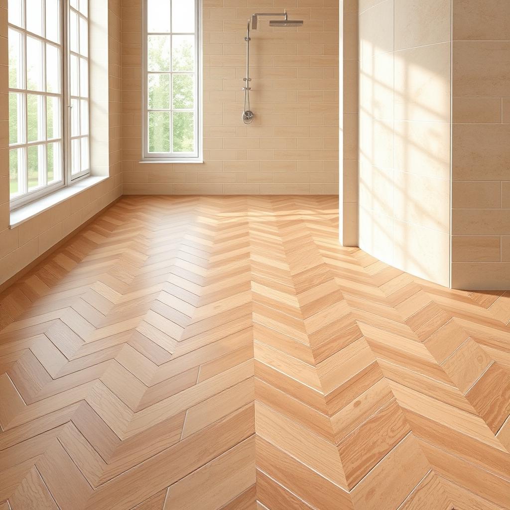 A striking herringbone pattern of warm, earthen tiles covering a bathroom floor. The tiles are arranged in a classic chevron layout, with each piece precisely fitted together to create a seamless, elegant design. Soft, diffused lighting filters in through large windows, casting a natural glow and highlighting the subtle variations in the tile's texture and color. The overall atmosphere is one of refined simplicity and timeless sophistication, perfectly suited for a modern, minimalist bathroom. The herringbone pattern adds a striking visual interest, drawing the eye across the floor and lending a sense of dynamic movement to the space. A striking herringbone pattern of warm, earthen tiles covering a bathroom floor. The tiles are arranged in a classic chevron layout, with each piece precisely fitted together to create a seamless, elegant design. Soft, diffused lighting filters in through large windows, casting a natural glow and highlighting the subtle variations in the tile's texture and color. The overall atmosphere is one of refined simplicity and timeless sophistication, perfectly suited for a modern, minimalist bathroom. The herringbone pattern adds a striking visual interest, drawing the eye across the floor and lending a sense of dynamic movement to the space.