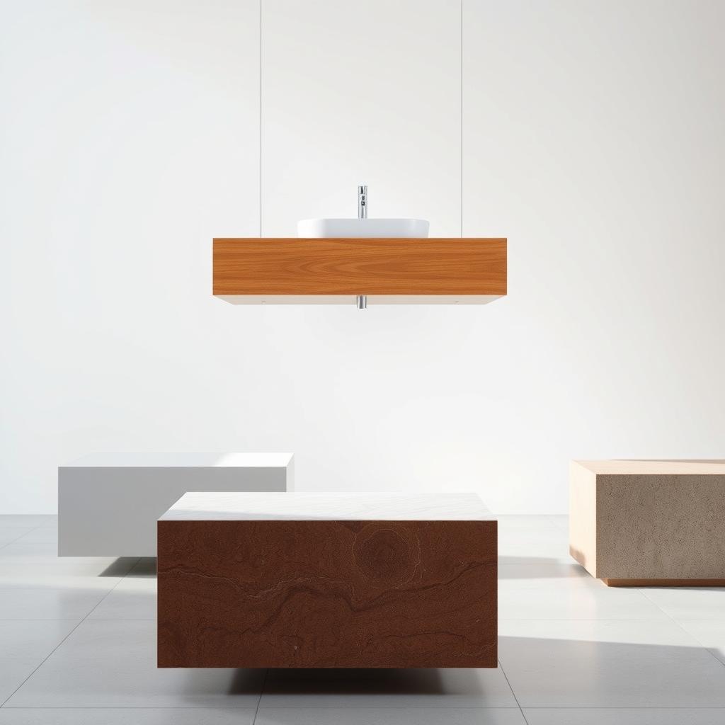 A stunning composition of floating bathroom vanity materials, showcased in a bright, airy studio setting. In the foreground, a sleek, minimalist vanity in a warm wood grain finish hovers effortlessly above the tiled floor. Suspended by invisible supports, it appears to defy gravity, creating an elegant, weightless illusion. The middle ground features various vanity surface materials, including smooth, matte-finished quartz, polished natural stone, and rich, textured concrete, all bathed in soft, diffused lighting. In the background, a subtle gradient backdrop in calming, neutral tones provides a clean, sophisticated ambiance, accentuating the refined aesthetic of the floating vanity display.