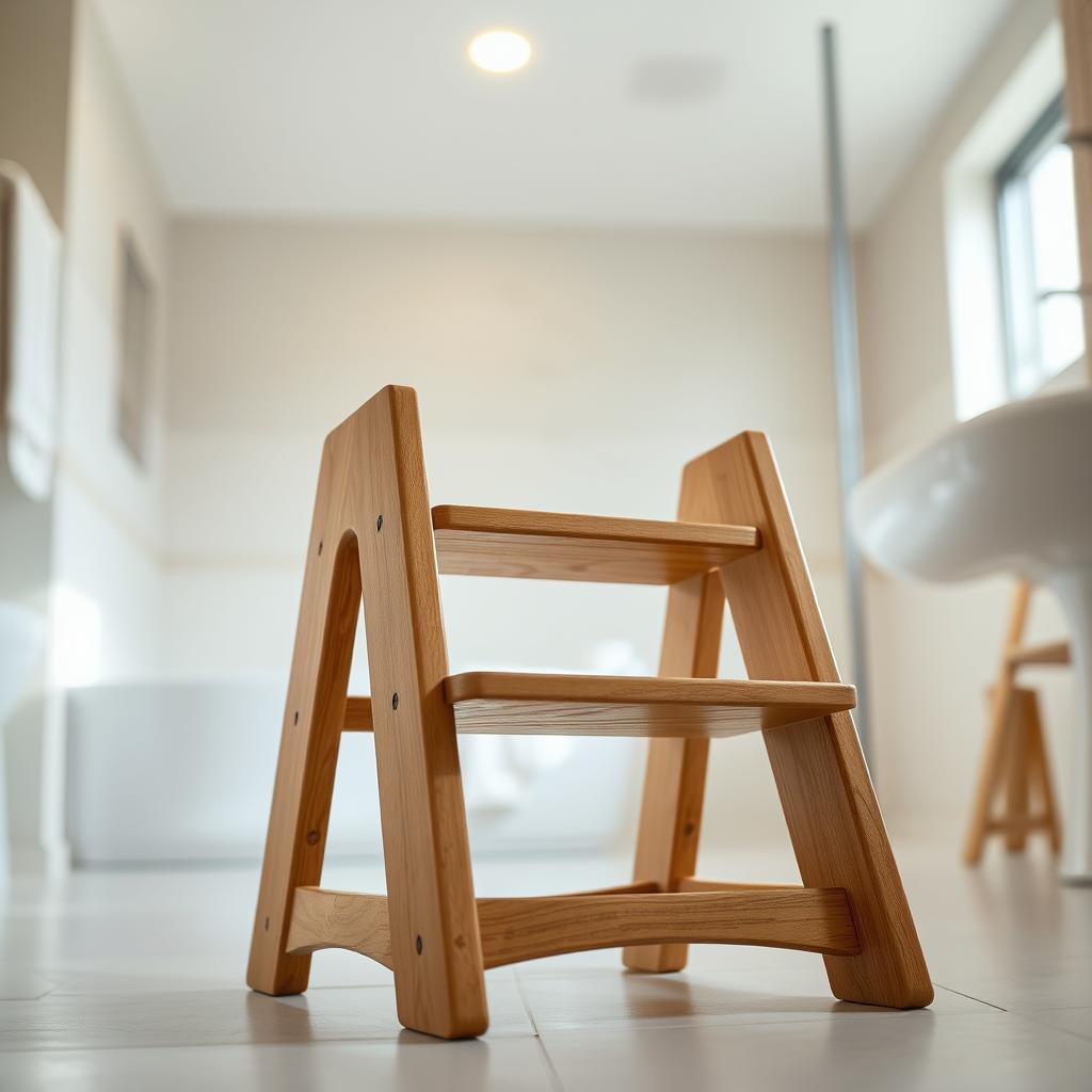 A sturdy, wooden bathroom step stool with a natural, rustic finish sits in a bright, airy bathroom. The stool features a wide, flat top and slightly curved sides, creating a stable and comfortable platform for children to use. Soft, indirect lighting from a recessed ceiling fixture casts a warm, cozy glow, complementing the earthy tones of the wood. The stool is positioned in the foreground, with a clean, minimalist tile backdrop in the middle ground, and a hint of a large window in the background, allowing natural light to filter in and create a serene, spa-like atmosphere. A sturdy, wooden bathroom step stool with a natural, rustic finish sits in a bright, airy bathroom. The stool features a wide, flat top and slightly curved sides, creating a stable and comfortable platform for children to use. Soft, indirect lighting from a recessed ceiling fixture casts a warm, cozy glow, complementing the earthy tones of the wood. The stool is positioned in the foreground, with a clean, minimalist tile backdrop in the middle ground, and a hint of a large window in the background, allowing natural light to filter in and create a serene, spa-like atmosphere.