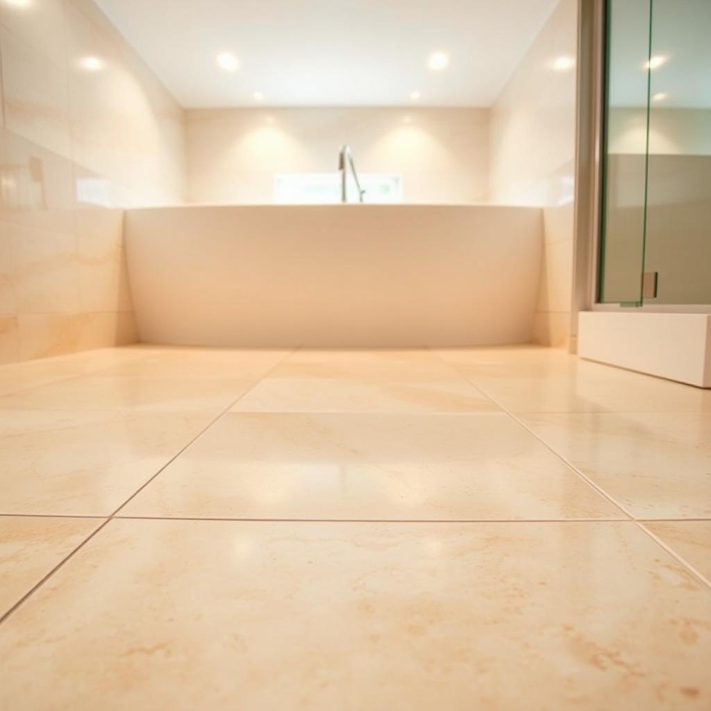 A well-lit bathroom interior, showcasing a smooth, clean tile floor. The tiles are a soft, earthy tone, arranged in a visually appealing pattern. Grout lines are neatly maintained, highlighting the quality installation. The floor reflects the warm lighting from recessed ceiling fixtures, creating a sense of cleanliness and attention to detail. The overall scene conveys a serene, spa-like atmosphere, emphasizing the importance of proper bathroom flooring selection and care for an eco-friendly, long-lasting installation. A well-lit bathroom interior, showcasing a smooth, clean tile floor. The tiles are a soft, earthy tone, arranged in a visually appealing pattern. Grout lines are neatly maintained, highlighting the quality installation. The floor reflects the warm lighting from recessed ceiling fixtures, creating a sense of cleanliness and attention to detail. The overall scene conveys a serene, spa-like atmosphere, emphasizing the importance of proper bathroom flooring selection and care for an eco-friendly, long-lasting installation.