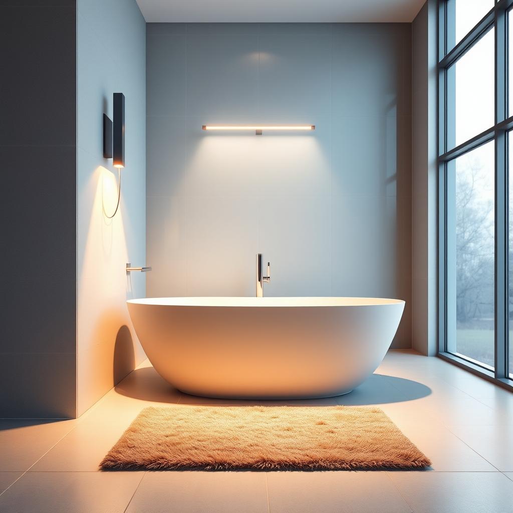 A well-lit bathroom interior, with a sleek, modern electric heat lamp fixture prominently displayed on the wall. The lamp emits a warm, cozy glow, illuminating the tiled floor and subtly casting shadows. In the foreground, a plush bathmat in a neutral tone sits neatly in front of the bathtub, creating a sense of comfort and safety. The background features a large window, allowing natural light to filter in and complement the artificial warmth. The overall atmosphere conveys a harmonious balance between functionality and aesthetics, highlighting the importance of thoughtful heating solutions for enhanced bathroom safety. A well-lit bathroom interior, with a sleek, modern electric heat lamp fixture prominently displayed on the wall. The lamp emits a warm, cozy glow, illuminating the tiled floor and subtly casting shadows. In the foreground, a plush bathmat in a neutral tone sits neatly in front of the bathtub, creating a sense of comfort and safety. The background features a large window, allowing natural light to filter in and complement the artificial warmth. The overall atmosphere conveys a harmonious balance between functionality and aesthetics, highlighting the importance of thoughtful heating solutions for enhanced bathroom safety.