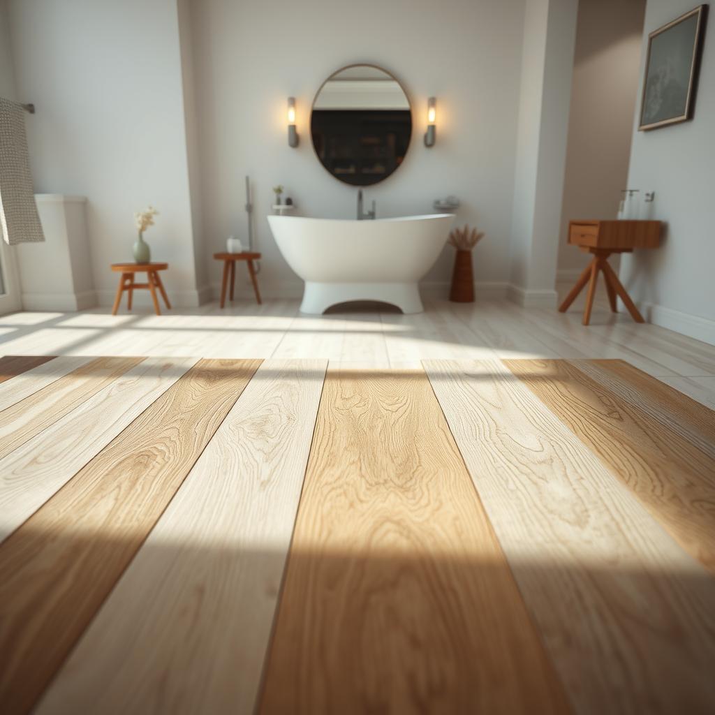 A well-lit, high-angle perspective showcasing a detailed comparison of various laminate flooring options for a bathroom setting. In the foreground, several planks of laminate flooring in different wood-grain and tile patterns are arranged side-by-side, highlighting their distinct textures and colors. In the middle ground, the planks are placed atop a clean, reflective bathroom tile or vinyl surface, casting subtle shadows. The background features a minimalist bathroom interior with white walls, a sleek vanity, and subtle lighting to create a serene, spa-like atmosphere. The scene conveys a sense of elegance, durability, and the suitability of laminate flooring for a modern bathroom environment. A well-lit, high-angle perspective showcasing a detailed comparison of various laminate flooring options for a bathroom setting. In the foreground, several planks of laminate flooring in different wood-grain and tile patterns are arranged side-by-side, highlighting their distinct textures and colors. In the middle ground, the planks are placed atop a clean, reflective bathroom tile or vinyl surface, casting subtle shadows. The background features a minimalist bathroom interior with white walls, a sleek vanity, and subtle lighting to create a serene, spa-like atmosphere. The scene conveys a sense of elegance, durability, and the suitability of laminate flooring for a modern bathroom environment.