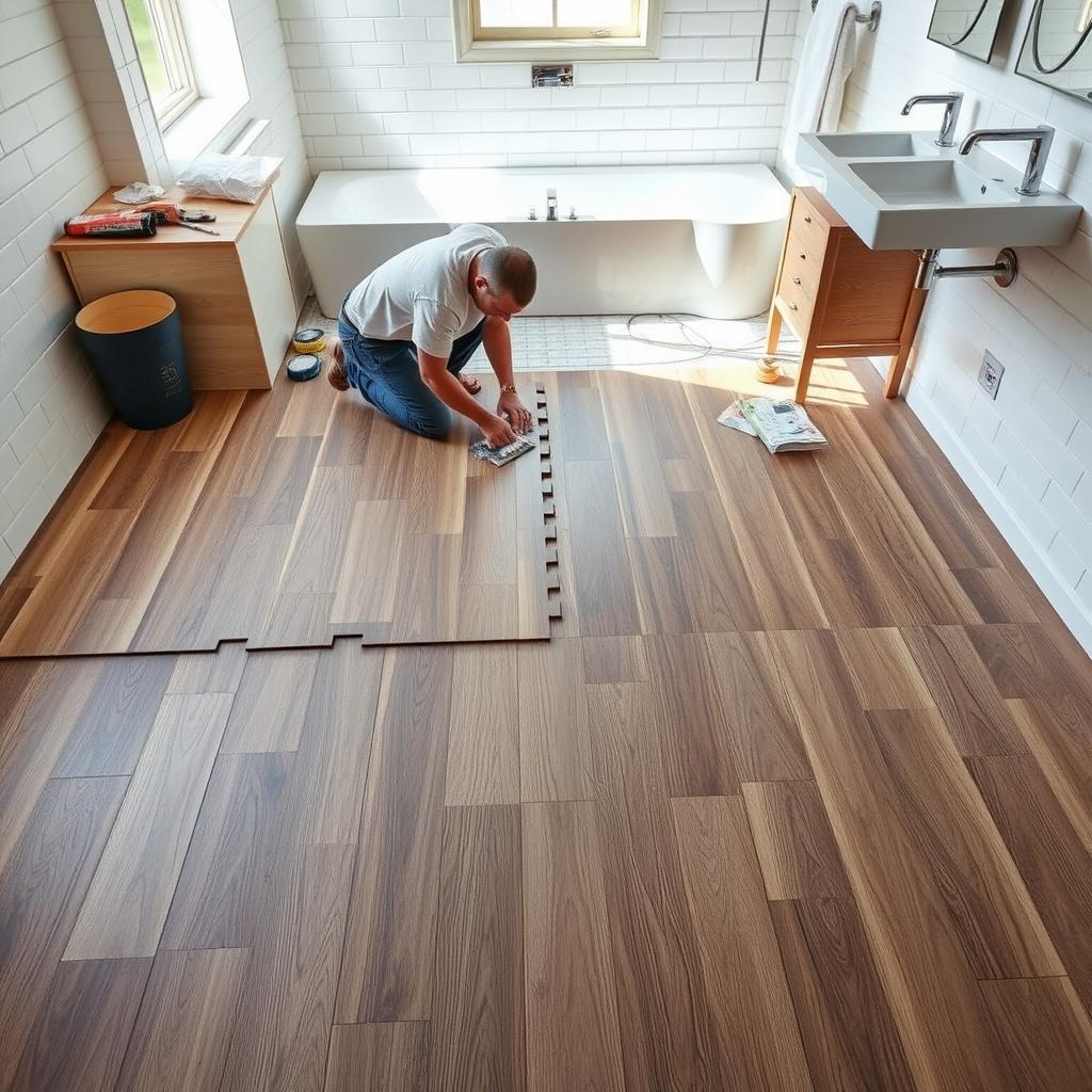 A well-lit, high-angle view of a modern bathroom undergoing a luxury vinyl plank flooring installation. The foreground showcases a worker carefully aligning and snapping together interlocking vinyl planks, creating a seamless, waterproof surface. The middle ground reveals the preparation work, with tools, adhesive, and underlayment materials neatly organized. The background depicts the bathroom's clean, minimalist aesthetic, with white tiles, sleek fixtures, and natural lighting flooding the space, highlighting the new flooring's rich, wood-grain texture and matte finish. A well-lit, high-angle view of a modern bathroom undergoing a luxury vinyl plank flooring installation. The foreground showcases a worker carefully aligning and snapping together interlocking vinyl planks, creating a seamless, waterproof surface. The middle ground reveals the preparation work, with tools, adhesive, and underlayment materials neatly organized. The background depicts the bathroom's clean, minimalist aesthetic, with white tiles, sleek fixtures, and natural lighting flooding the space, highlighting the new flooring's rich, wood-grain texture and matte finish.