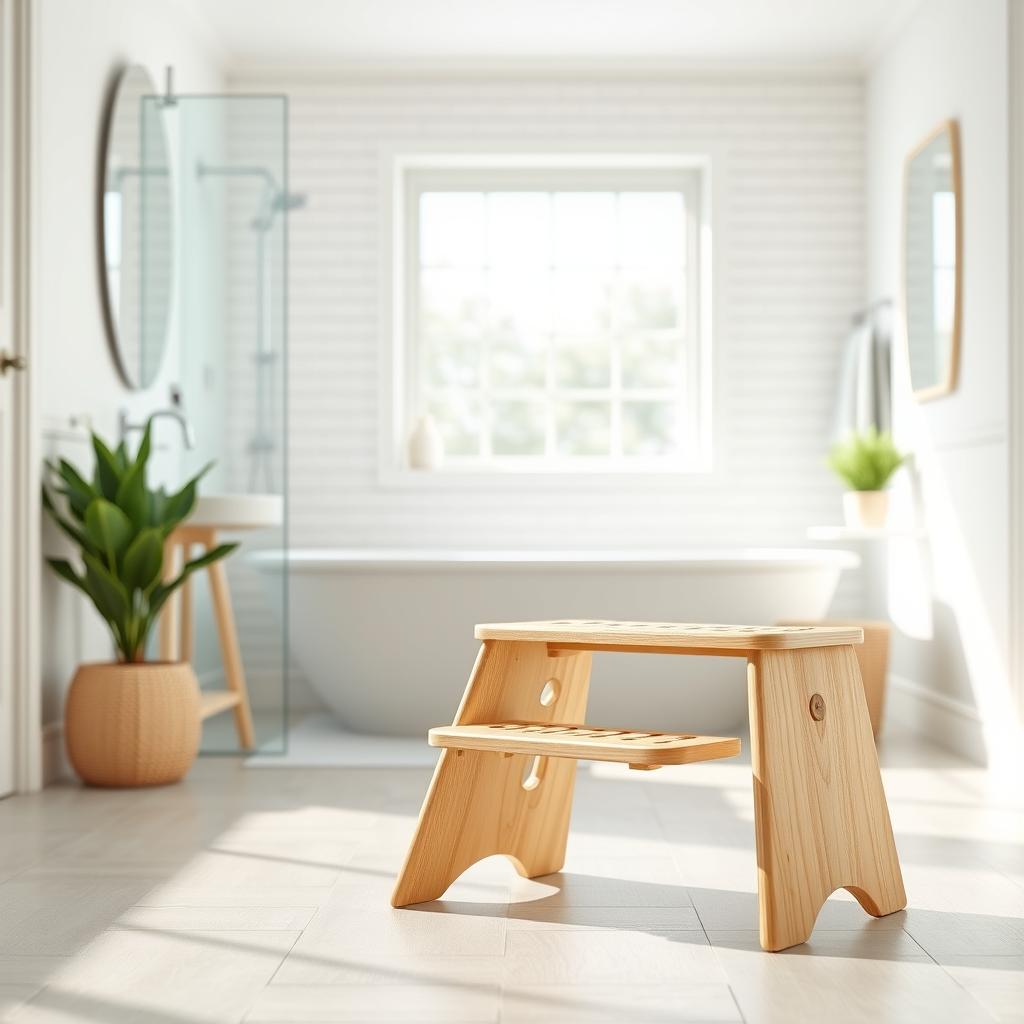 A well-lit, photorealistic image of a kids' step stool with safety features in a modern bathroom setting. The stool is made of light wood with non-slip treads and rounded edges, positioned in the foreground. In the middle ground, a bright, airy bathroom with white subway tiles, a pedestal sink, and a large window flooding the scene with natural light. The background depicts a neutral color palette, creating a calming, family-friendly atmosphere. The camera angle is slightly elevated, showcasing the stool's stability and design elements. The image conveys a sense of safety, practicality, and attention to child-friendly details. A well-lit, photorealistic image of a kids' step stool with safety features in a modern bathroom setting. The stool is made of light wood with non-slip treads and rounded edges, positioned in the foreground. In the middle ground, a bright, airy bathroom with white subway tiles, a pedestal sink, and a large window flooding the scene with natural light. The background depicts a neutral color palette, creating a calming, family-friendly atmosphere. The camera angle is slightly elevated, showcasing the stool's stability and design elements. The image conveys a sense of safety, practicality, and attention to child-friendly details.