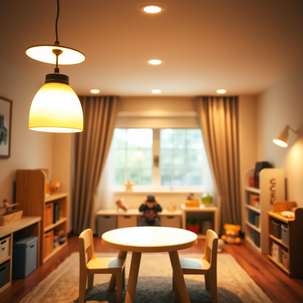 A well-lit play area with a cozy, inviting atmosphere. In the foreground, a child-sized table and chairs are illuminated by a hanging lamp with a soft, warm glow. The middle ground features a bookshelf and toy storage, all bathed in gentle overhead lighting. In the background, a large window allows natural daylight to filter in, creating a harmonious balance. The lighting is strategically placed to provide ample illumination for activities, while avoiding harsh shadows or glare. The overall scene conveys a sense of comfort and security, ideal for a child's bedroom or playroom. A well-lit play area with a cozy, inviting atmosphere. In the foreground, a child-sized table and chairs are illuminated by a hanging lamp with a soft, warm glow. The middle ground features a bookshelf and toy storage, all bathed in gentle overhead lighting. In the background, a large window allows natural daylight to filter in, creating a harmonious balance. The lighting is strategically placed to provide ample illumination for activities, while avoiding harsh shadows or glare. The overall scene conveys a sense of comfort and security, ideal for a child's bedroom or playroom.