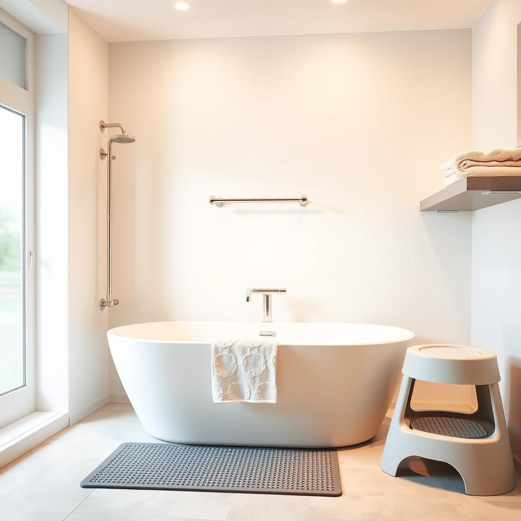 A well-lit, spacious bathroom interior with a large, modern bathtub and a non-slip rubber mat on the floor. Hanging above the tub, a sturdy grab bar is securely installed, providing support and safety for bathers. Nearby, a low-profile plastic step stool allows easy access in and out of the tub. Soft, plush towels in soothing colors are neatly folded on a shelf. The lighting is warm and inviting, creating a calm, relaxing atmosphere. The overall scene conveys a sense of thoughtful design and child-focused safety features for a worry-free bathing experience. A well-lit, spacious bathroom interior with a large, modern bathtub and a non-slip rubber mat on the floor. Hanging above the tub, a sturdy grab bar is securely installed, providing support and safety for bathers. Nearby, a low-profile plastic step stool allows easy access in and out of the tub. Soft, plush towels in soothing colors are neatly folded on a shelf. The lighting is warm and inviting, creating a calm, relaxing atmosphere. The overall scene conveys a sense of thoughtful design and child-focused safety features for a worry-free bathing experience.