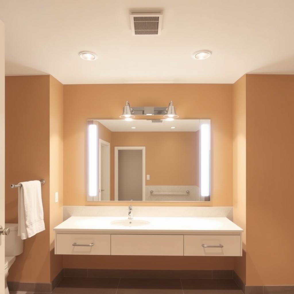 A well-lit, spacious bathroom interior with a large vanity mirror surrounded by soft, glare-free overhead lighting. The mirror is strategically positioned to reduce glare, and the lighting fixtures are positioned to provide even, diffused illumination across the entire space. The walls are a warm, neutral tone, creating a calming atmosphere. The floor is a non-slip, matte-finish tile that minimizes reflections. Overall, the scene conveys a sense of relaxation and comfort, with lighting designed to reduce eye strain and enhance visibility for aging eyes. A well-lit, spacious bathroom interior with a large vanity mirror surrounded by soft, glare-free overhead lighting. The mirror is strategically positioned to reduce glare, and the lighting fixtures are positioned to provide even, diffused illumination across the entire space. The walls are a warm, neutral tone, creating a calming atmosphere. The floor is a non-slip, matte-finish tile that minimizes reflections. Overall, the scene conveys a sense of relaxation and comfort, with lighting designed to reduce eye strain and enhance visibility for aging eyes.