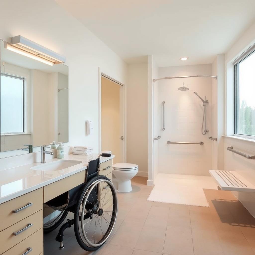 A well-lit, spacious bathroom interior with a modern, wheelchair-accessible vanity and sink. The countertop is at a lowered height, with easy-to-reach faucets and storage compartments. A wide, roll-in shower with a built-in bench and grab bars occupies the far corner. The floor is tiled with a non-slip surface, and the lighting is bright yet warm, creating a welcoming atmosphere. A large window floods the room with natural light, highlighting the clean, minimalist design elements that prioritize functionality and accessibility for seniors. A well-lit, spacious bathroom interior with a modern, wheelchair-accessible vanity and sink. The countertop is at a lowered height, with easy-to-reach faucets and storage compartments. A wide, roll-in shower with a built-in bench and grab bars occupies the far corner. The floor is tiled with a non-slip surface, and the lighting is bright yet warm, creating a welcoming atmosphere. A large window floods the room with natural light, highlighting the clean, minimalist design elements that prioritize functionality and accessibility for seniors.