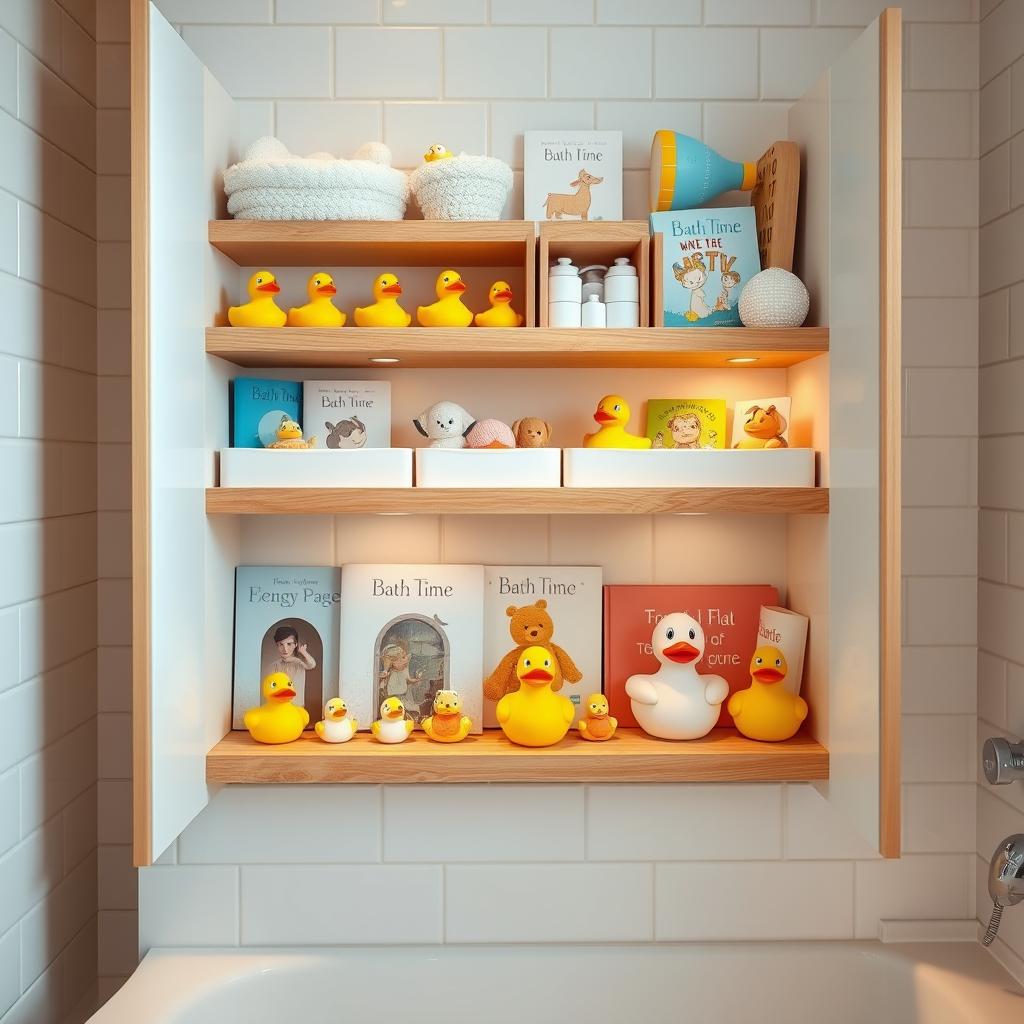 A well-organized bathroom toy storage system with various compartments and dividers to neatly arrange a collection of rubber duckies, bath books, and other whimsical bath-time essentials. The scene is illuminated by soft, warm lighting, casting a cozy, inviting atmosphere. The shelves are made of natural wood, complementing the white ceramic tiles and neutral color scheme. The overall composition emphasizes efficiency, functionality, and a touch of playfulness, catering to the common challenges of keeping a child's bathroom tidy and organized. A well-organized bathroom toy storage system with various compartments and dividers to neatly arrange a collection of rubber duckies, bath books, and other whimsical bath-time essentials. The scene is illuminated by soft, warm lighting, casting a cozy, inviting atmosphere. The shelves are made of natural wood, complementing the white ceramic tiles and neutral color scheme. The overall composition emphasizes efficiency, functionality, and a touch of playfulness, catering to the common challenges of keeping a child's bathroom tidy and organized.