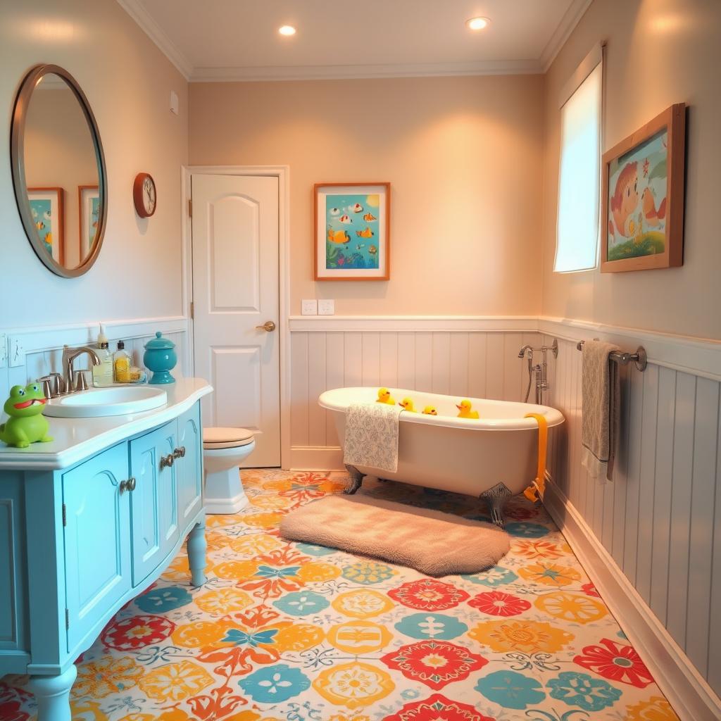 A whimsical, well-lit bathroom with playful, kid-friendly decor. The foreground features a bright, colorful tiled floor with intricate patterns, a petite vanity with a round mirror, and a cheerful frog-shaped toothbrush holder. The middle ground showcases a free-standing tub adorned with colorful rubber duckies and a fluffy bath mat in a complementary hue. The background reveals playful wall art, such as a framed underwater scene or a mural of friendly sea creatures. Soft, warm lighting creates a cozy, inviting atmosphere, while the room's layout is designed with accessibility and safety in mind for young users. A whimsical, well-lit bathroom with playful, kid-friendly decor. The foreground features a bright, colorful tiled floor with intricate patterns, a petite vanity with a round mirror, and a cheerful frog-shaped toothbrush holder. The middle ground showcases a free-standing tub adorned with colorful rubber duckies and a fluffy bath mat in a complementary hue. The background reveals playful wall art, such as a framed underwater scene or a mural of friendly sea creatures. Soft, warm lighting creates a cozy, inviting atmosphere, while the room's layout is designed with accessibility and safety in mind for young users.