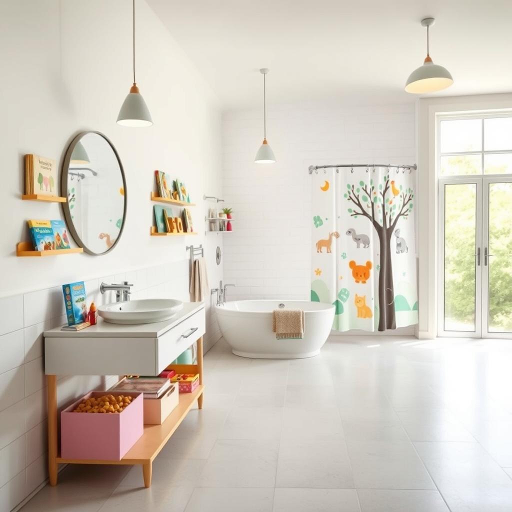 An educational bathroom design with a whimsical, kid-friendly atmosphere. A well-lit, spacious room with a seamless tile floor in soft pastel hues. In the foreground, a low vanity with a circular mirror and a set of colorful, geometric wall shelves displaying educational books and toys. The middle ground features a bathtub with playful, animal-themed shower curtains and a wall-mounted hand towel rack in the shape of a tree branch. The background showcases large windows allowing natural light to flood the space, complemented by bright pendant lights overhead. The overall design encourages learning and exploration, creating a delightful and stimulating environment for young minds. An educational bathroom design with a whimsical, kid-friendly atmosphere. A well-lit, spacious room with a seamless tile floor in soft pastel hues. In the foreground, a low vanity with a circular mirror and a set of colorful, geometric wall shelves displaying educational books and toys. The middle ground features a bathtub with playful, animal-themed shower curtains and a wall-mounted hand towel rack in the shape of a tree branch. The background showcases large windows allowing natural light to flood the space, complemented by bright pendant lights overhead. The overall design encourages learning and exploration, creating a delightful and stimulating environment for young minds.