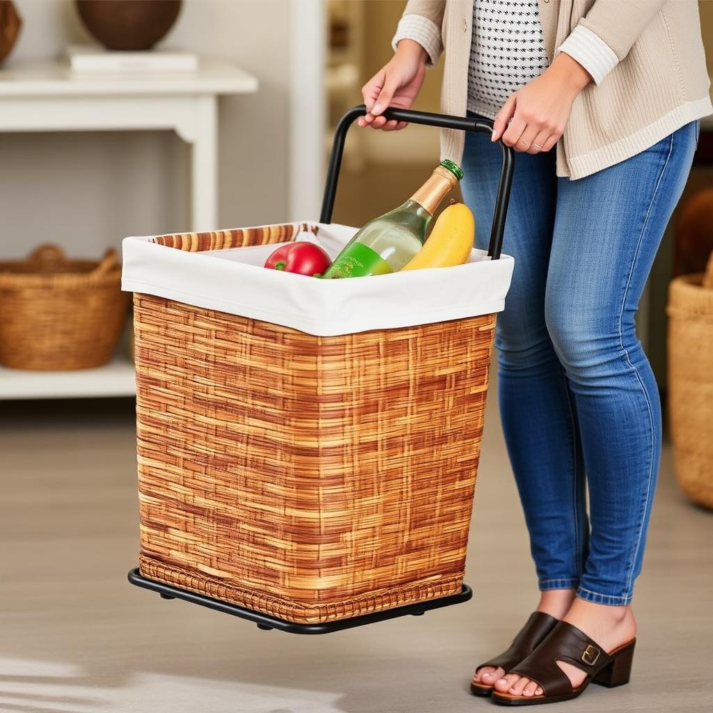 An image of The Container Store Harvest Rolling Hamper in use, with its optional liner.