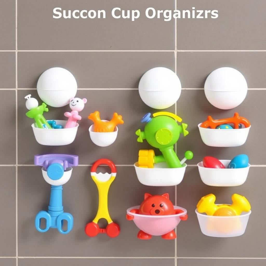 An image of suction cup organizers holding bath toys attached to the bathroom wall. An image of suction cup organizers holding bath toys attached to the bathroom wall.