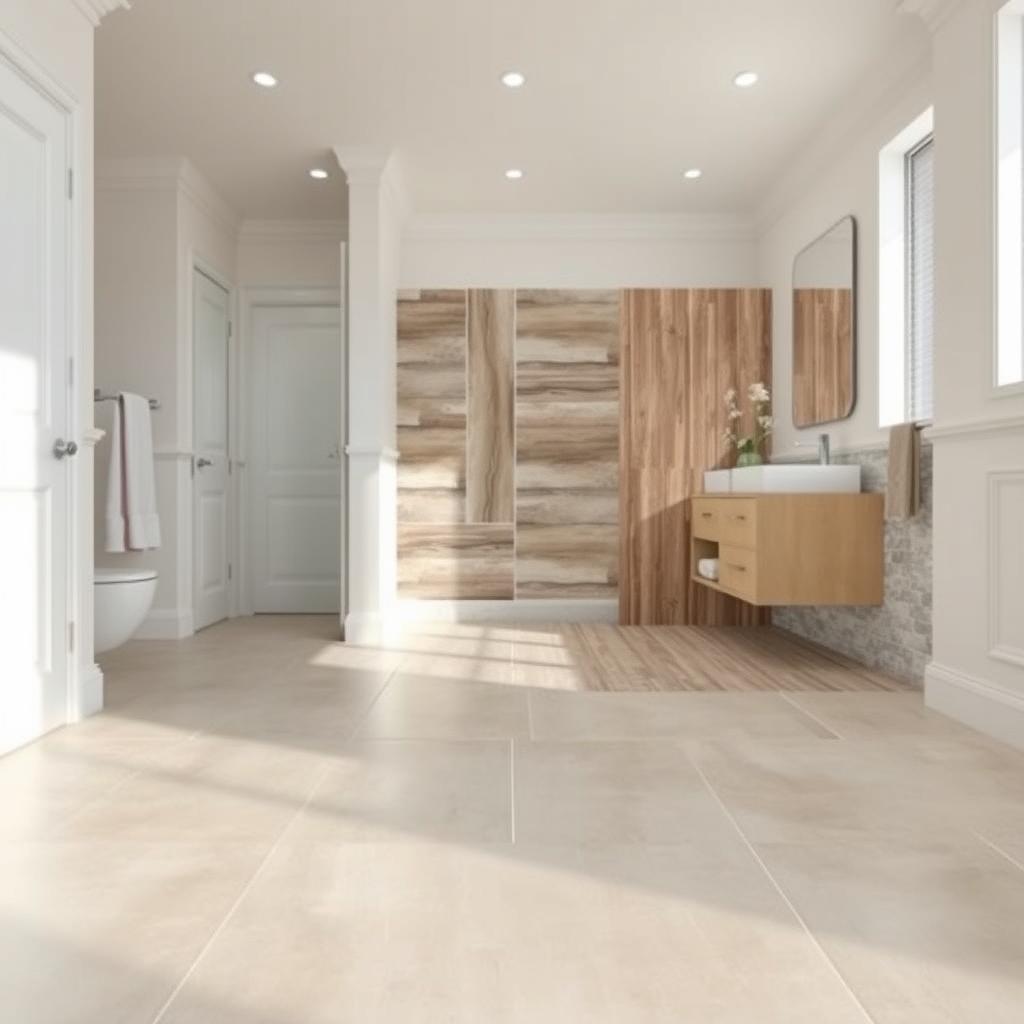 Bathroom flooring options, a well-lit and spacious bathroom with various flooring materials showcased. The foreground features a clean, seamless tile pattern in a neutral color scheme, while the middle ground showcases a wood-look laminate or luxury vinyl plank option. The background highlights a natural stone tile or a textured concrete-style flooring, all presented in a visually appealing and informative manner. The lighting is soft and diffused, creating a warm, inviting atmosphere that emphasizes the aesthetic appeal and practical considerations of these affordable bathroom flooring solutions. Bathroom flooring options, a well-lit and spacious bathroom with various flooring materials showcased. The foreground features a clean, seamless tile pattern in a neutral color scheme, while the middle ground showcases a wood-look laminate or luxury vinyl plank option. The background highlights a natural stone tile or a textured concrete-style flooring, all presented in a visually appealing and informative manner. The lighting is soft and diffused, creating a warm, inviting atmosphere that emphasizes the aesthetic appeal and practical considerations of these affordable bathroom flooring solutions.