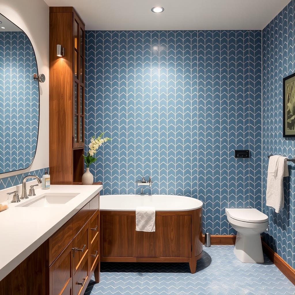 Blue herringbone bathroom tile design with bright white bathroom vanity countertop and wood accents Blue herringbone bathroom tile design with bright white bathroom vanity countertop and wood accents