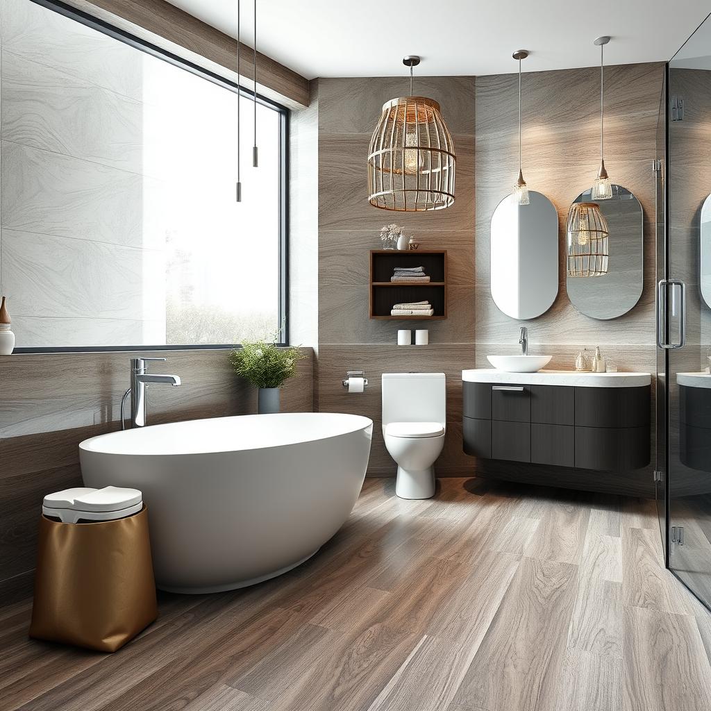 Generate an image of Luxury Vinyl Plank flooring in a modern bathroom. Generate an image of Luxury Vinyl Plank flooring in a modern bathroom.