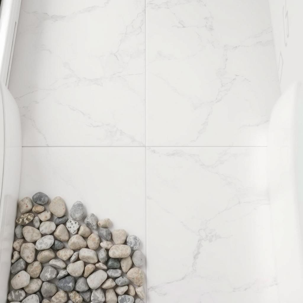 Generate an image of a bathroom floor featuring a combination of marble tiles and pebble stones. Generate an image of a bathroom floor featuring a combination of marble tiles and pebble stones.