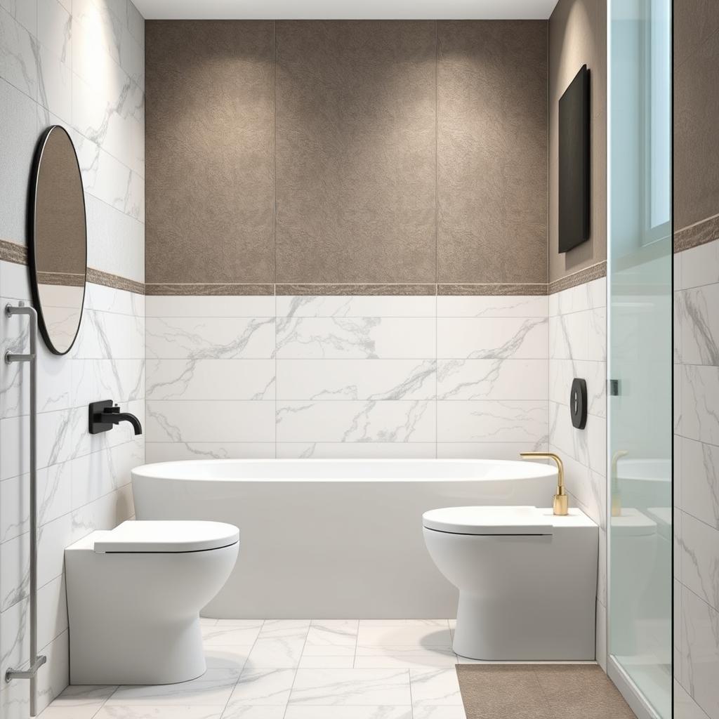Generate an image of a bathroom with both porcelain and ceramic tiles Generate an image of a bathroom with both porcelain and ceramic tiles