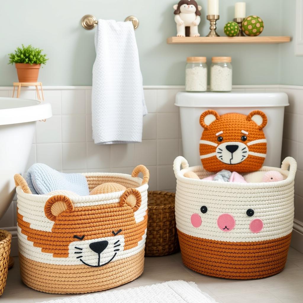 Generate an image of a bathroom with cute baskets and animal faces for storage Generate an image of a bathroom with cute baskets and animal faces for storage