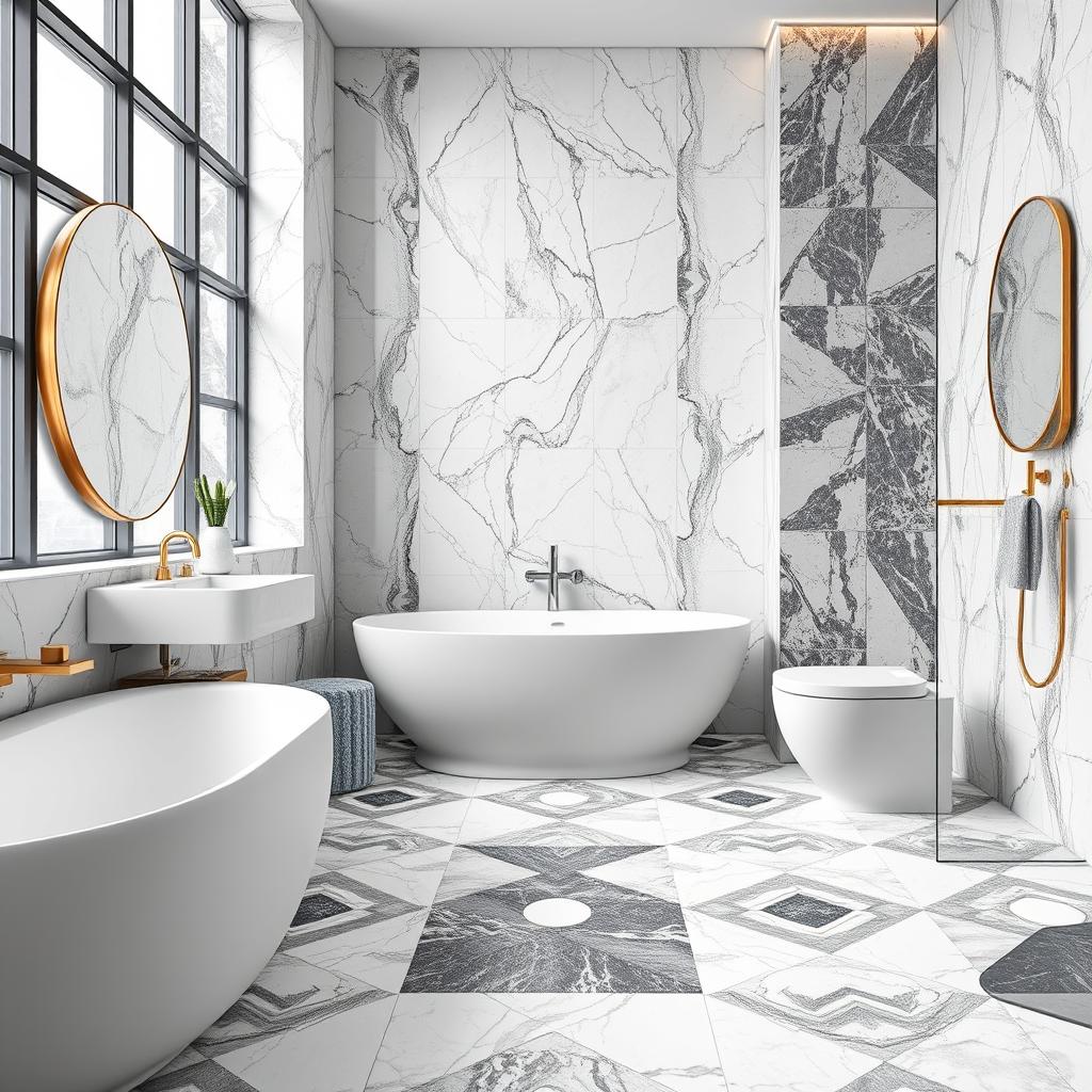 Generate an image of a bathroom with mixed marble patterns on the floor. Generate an image of a bathroom with mixed marble patterns on the floor.