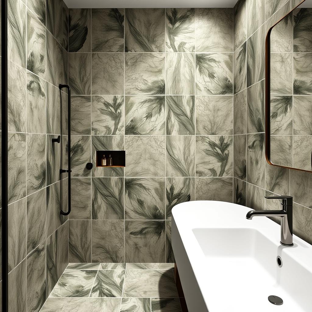 Generate an image of a bathroom with nature-inspired tile patterns