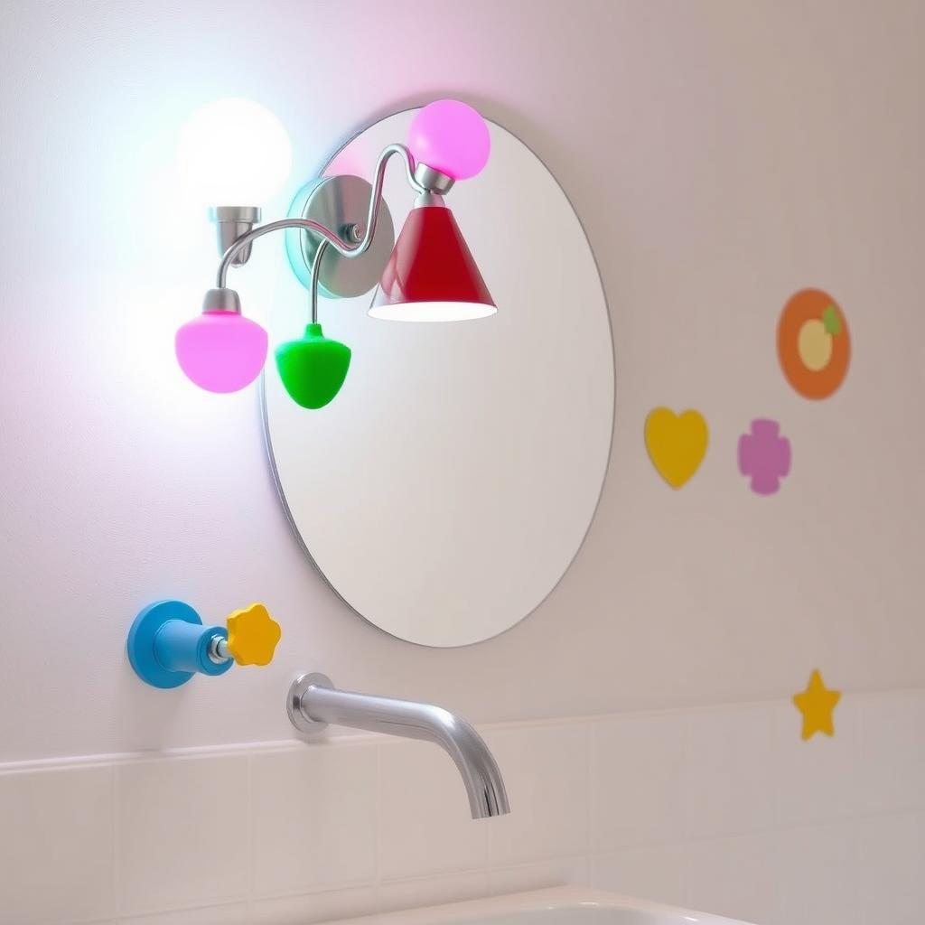 Generate an image of a colorful, wall-mounted light fixture in a child's bathroom. Generate an image of a colorful, wall-mounted light fixture in a child's bathroom.