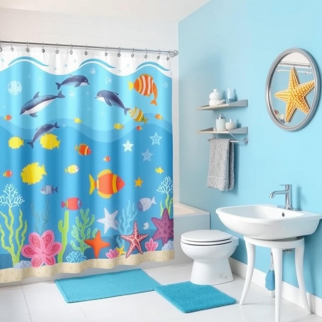 Generate an image of a kid's bathroom with an underwater ocean theme, featuring a shower curtain with colorful sea creatures. Generate an image of a kid's bathroom with an underwater ocean theme, featuring a shower curtain with colorful sea creatures.