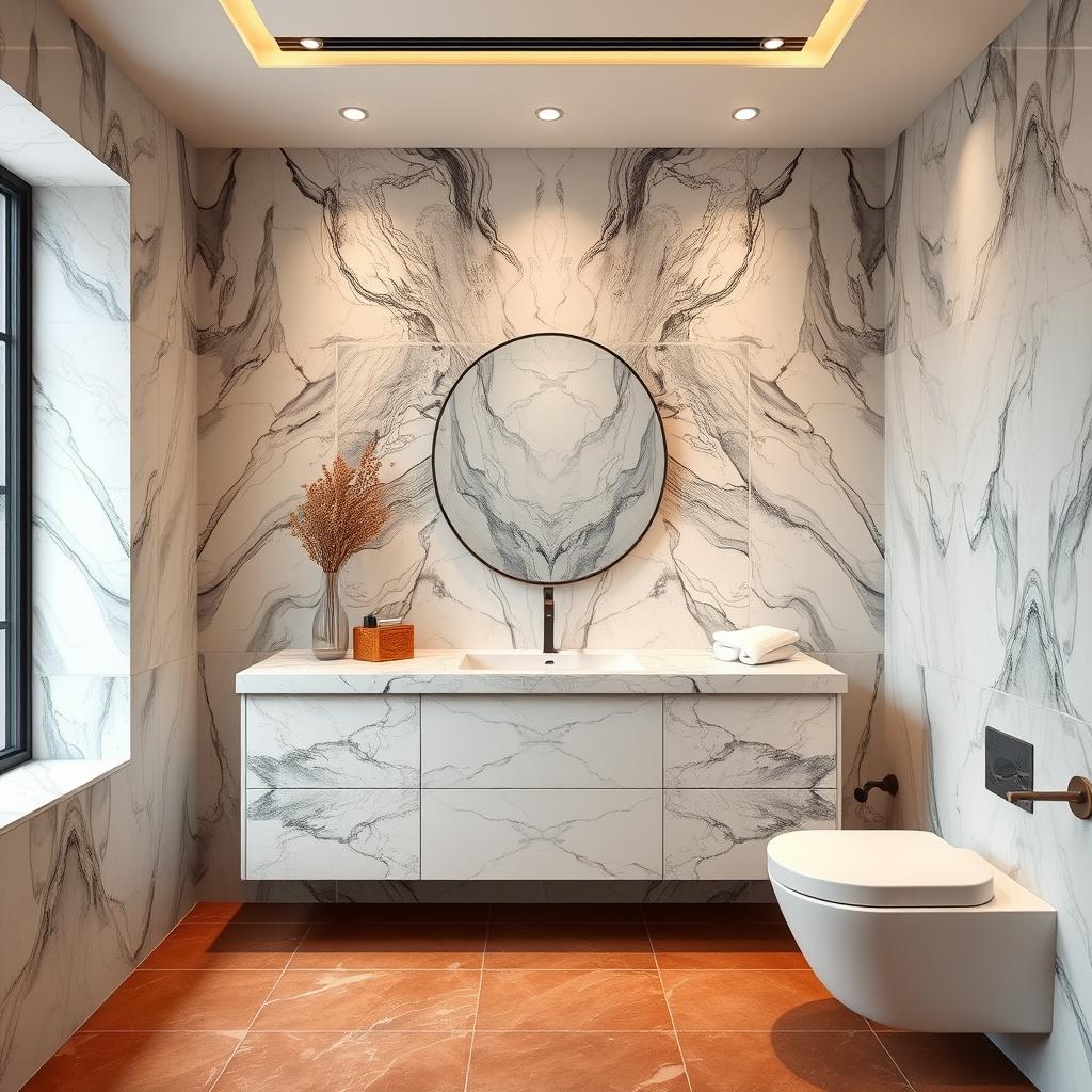 Generate an image of a luxurious bathroom featuring bookmatched marble tiles on the vanity wall and terracotta floor tiles.