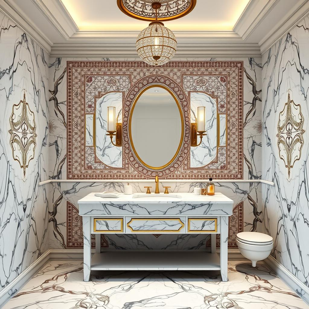 Generate an image of a luxurious bathroom featuring marble mosaic tile designs as a focal point behind the vanity. Generate an image of a luxurious bathroom featuring marble mosaic tile designs as a focal point behind the vanity.