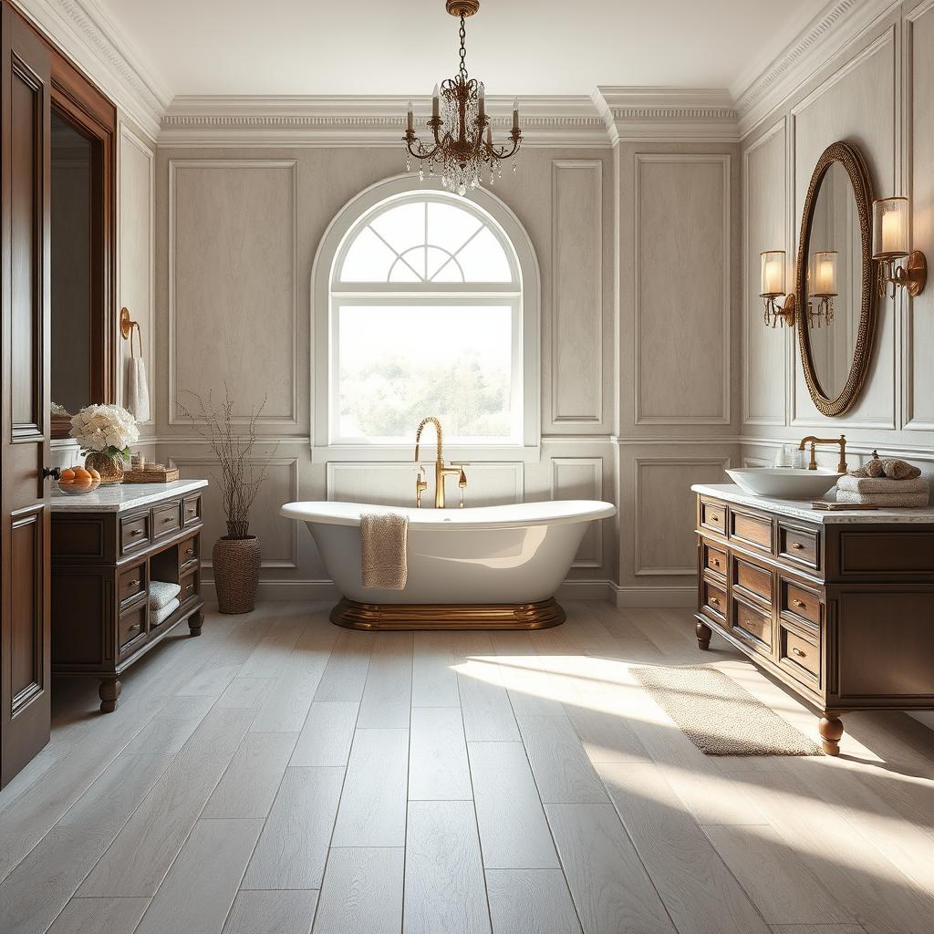 Generate an image of a luxurious bathroom with LVP flooring Generate an image of a luxurious bathroom with LVP flooring