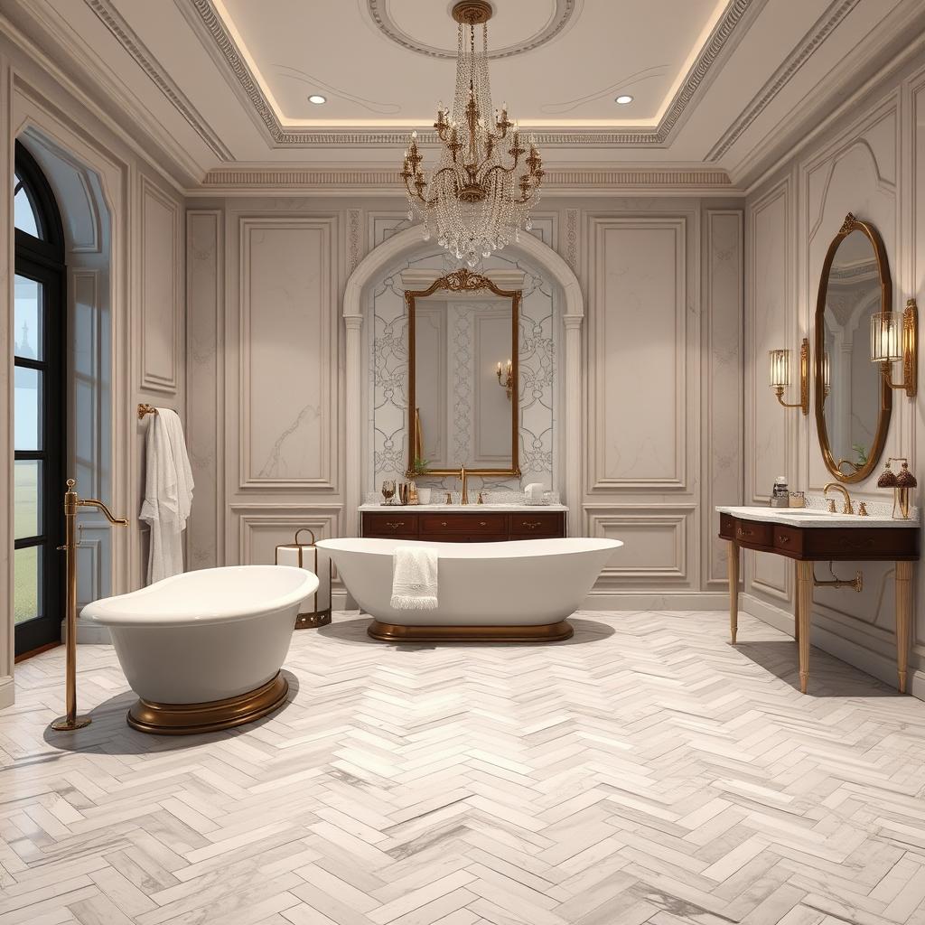 Generate an image of a luxurious bathroom with a herringbone pattern marble floor. Generate an image of a luxurious bathroom with a herringbone pattern marble floor.