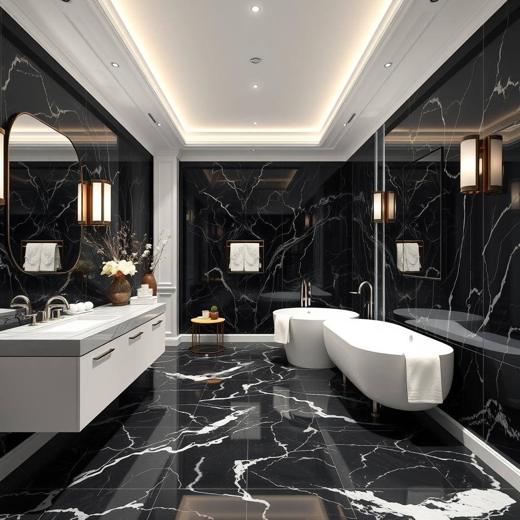 Generate an image of a luxurious bathroom with black marble flooring and white fixtures. Generate an image of a luxurious bathroom with black marble flooring and white fixtures.