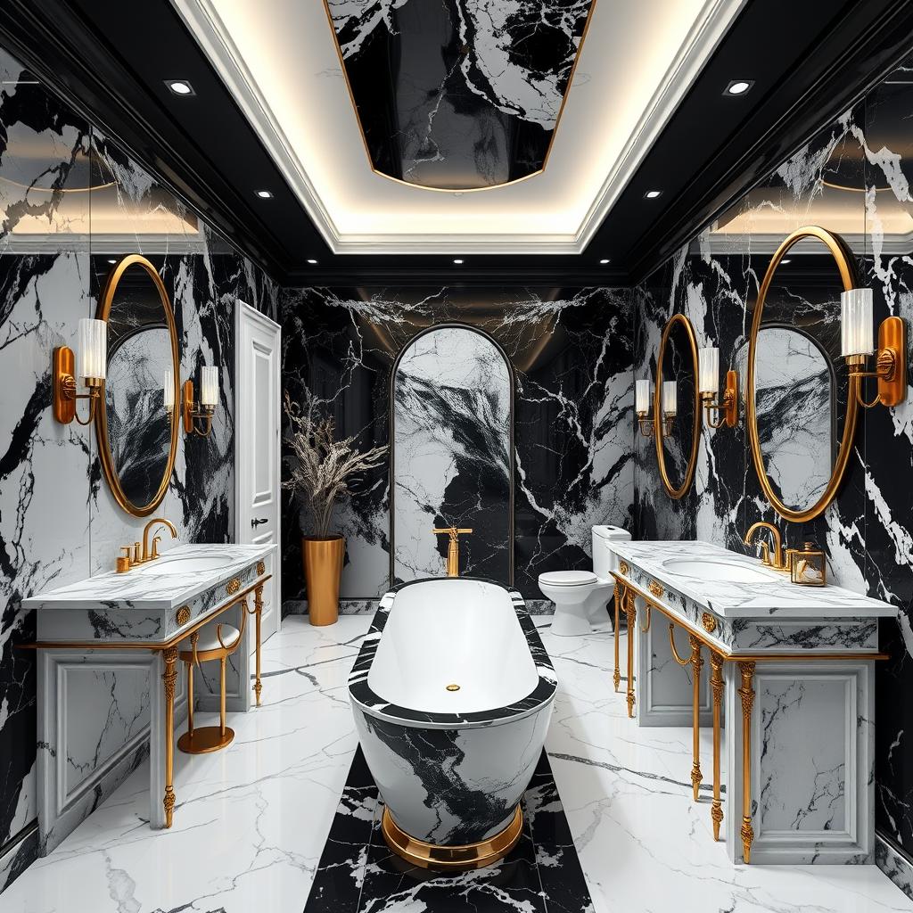 Generate an image of a luxurious black-and-white bathroom with marble surfaces and gold accents