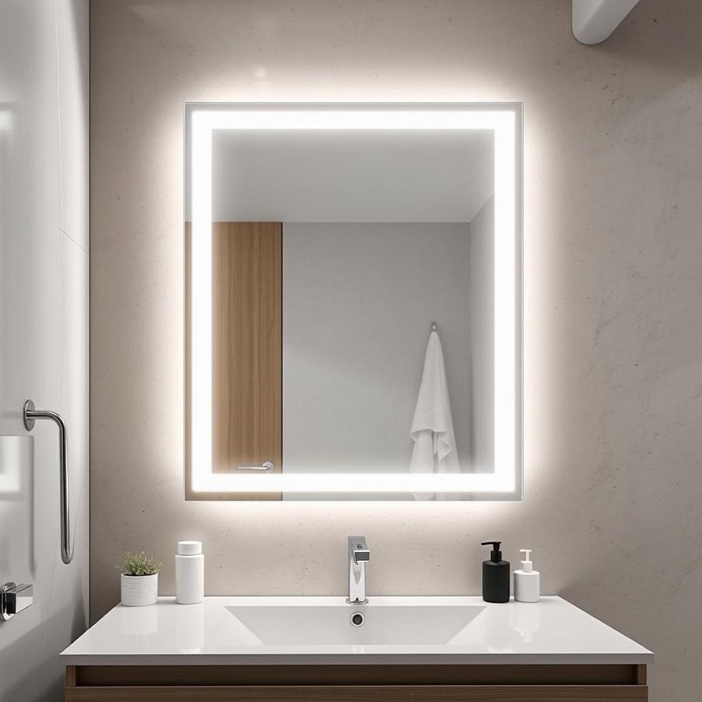 Generate an image of a modern bathroom featuring a smart backlit mirror