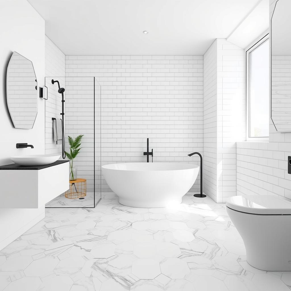 Generate an image of a modern bathroom featuring hexagonal marble tiles on the floor and a simple white subway tile wall. Generate an image of a modern bathroom featuring hexagonal marble tiles on the floor and a simple white subway tile wall.
