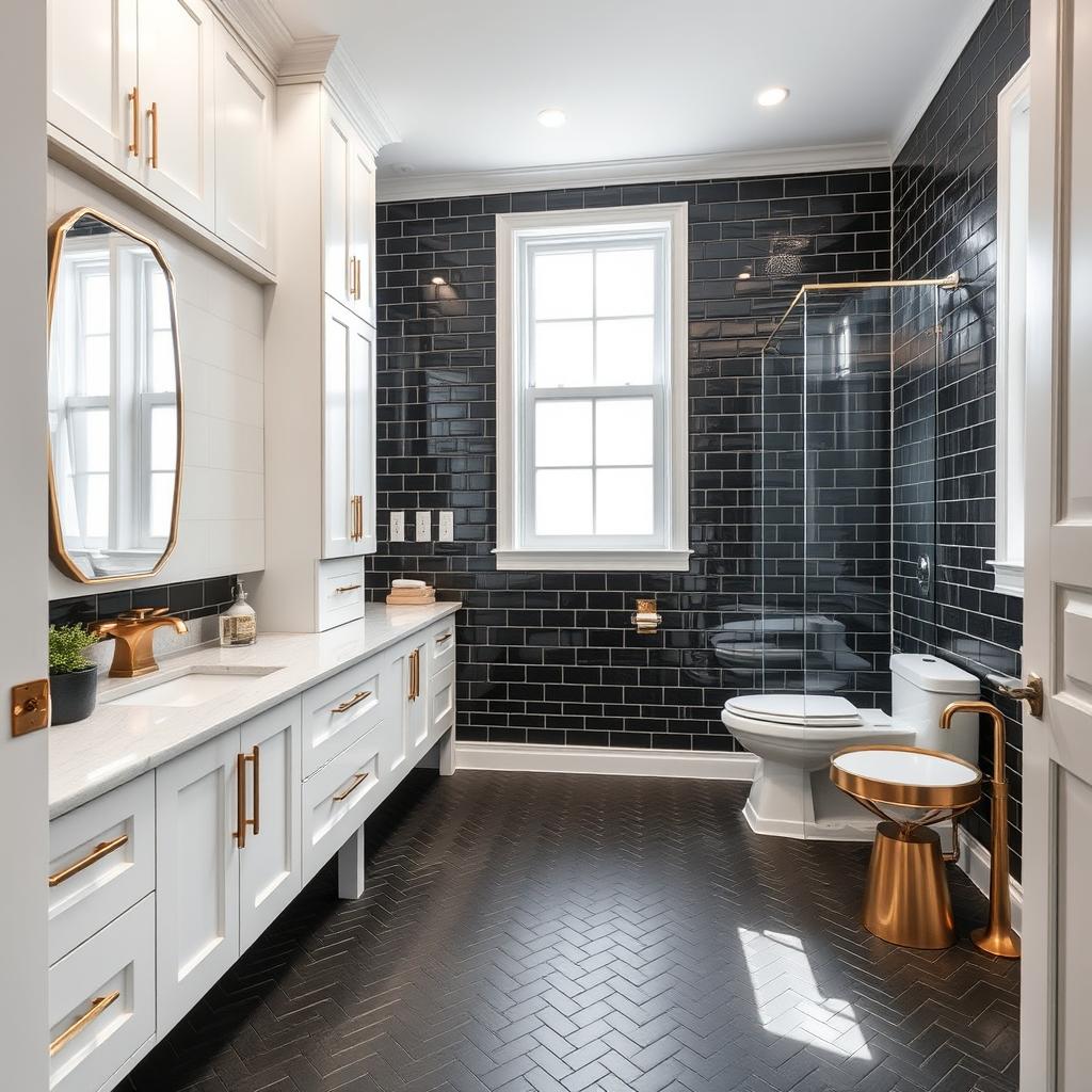 Generate an image of a modern bathroom with a black herringbone tile floor, white cabinets, and brass fixtures. Generate an image of a modern bathroom with a black herringbone tile floor, white cabinets, and brass fixtures.
