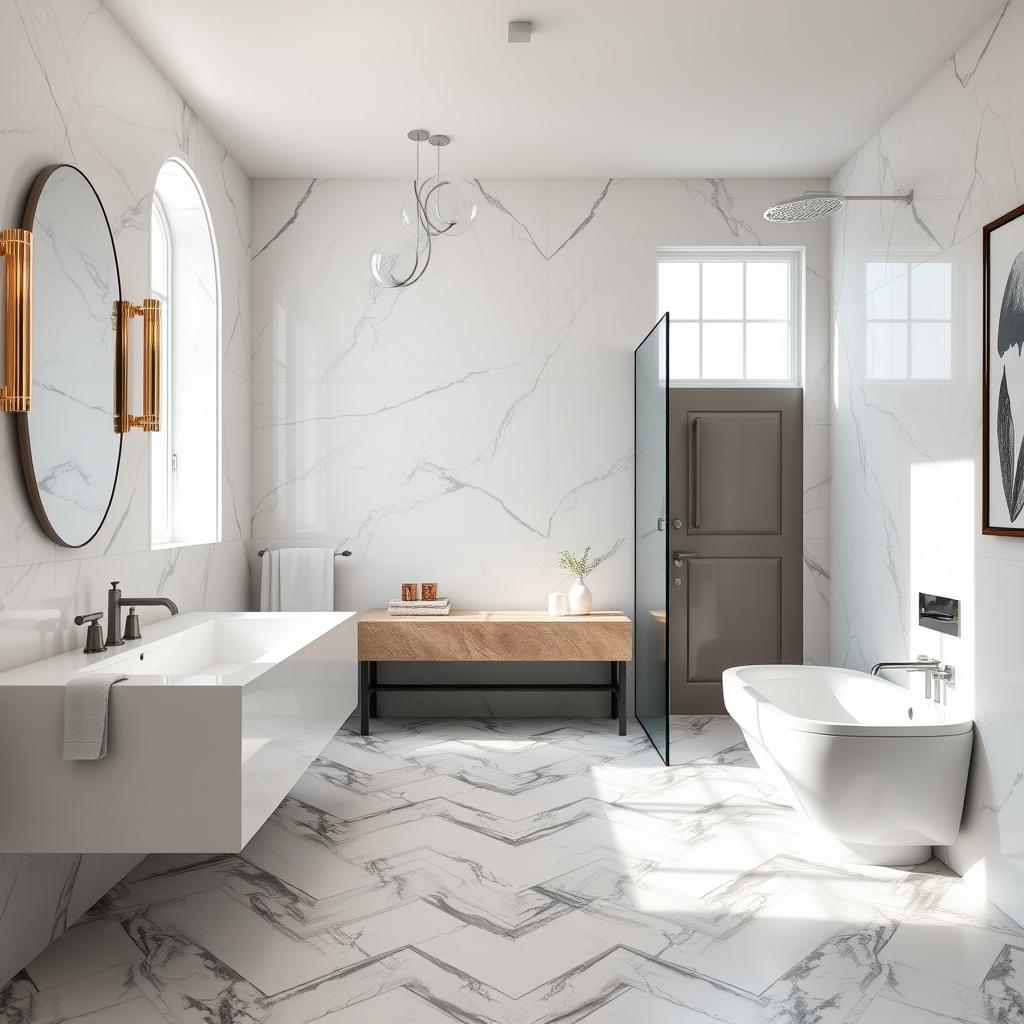 Generate an image of a modern bathroom with marble chevron pattern flooring Generate an image of a modern bathroom with marble chevron pattern flooring